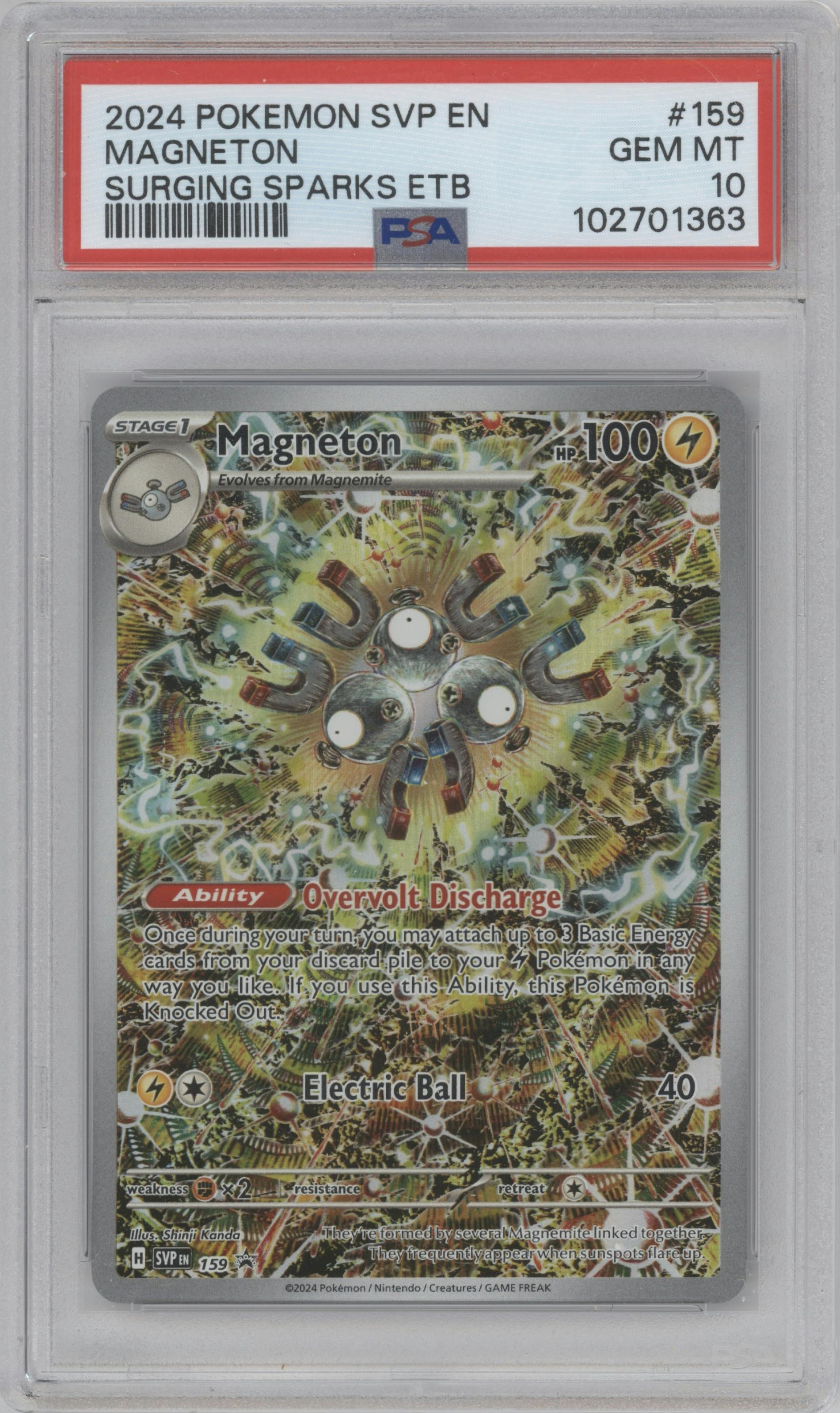 Magneton from the 2024 Pokemon SV set featuring a Surging Sparks Pokemon Center Elite Trainer boxes parallel graded by PSA and given an overall grade of 10.