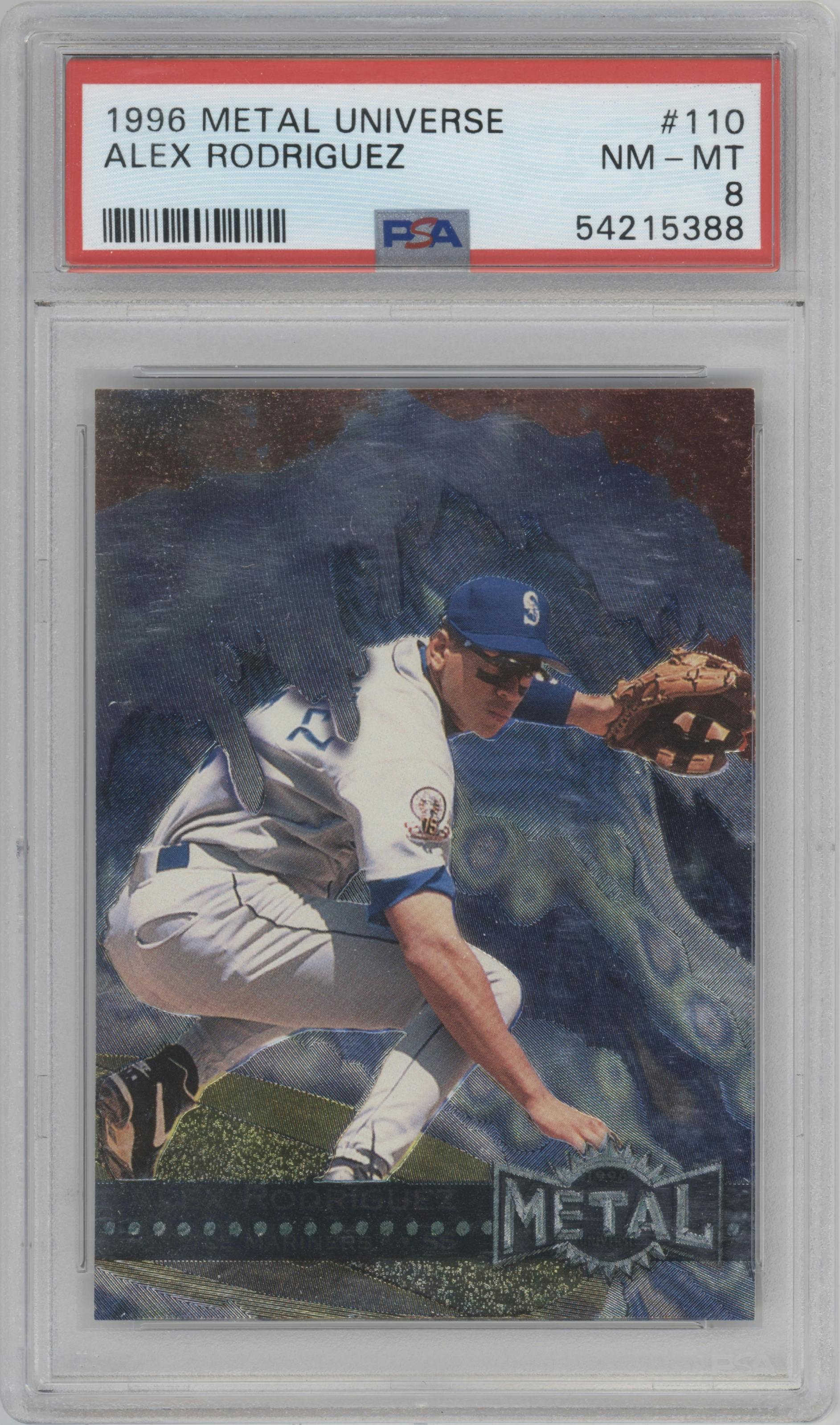 Alex Rodriguez from the 1996 Fleer Metal Universe set graded by PSA and given an overall grade of 8.