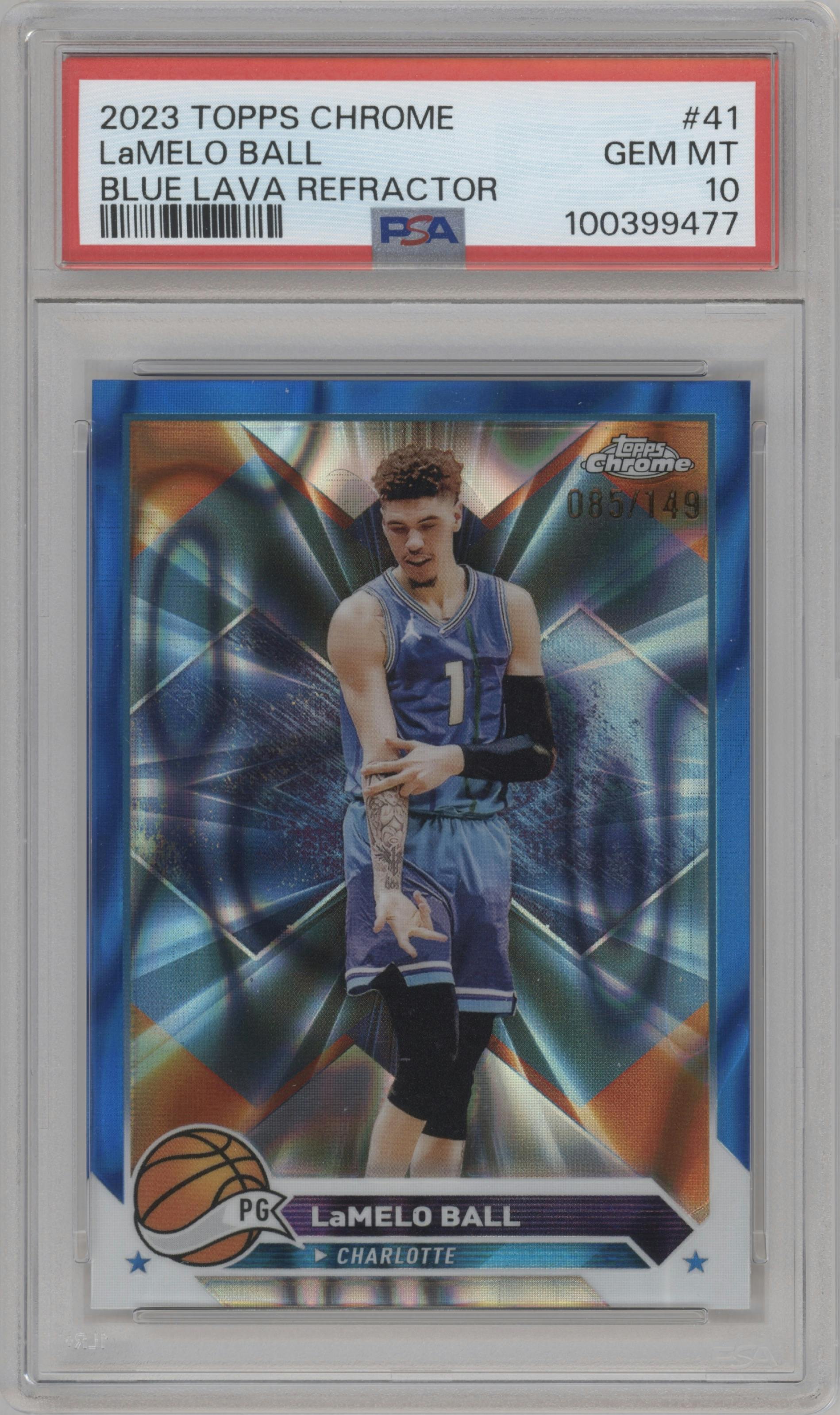 LaMelo Ball from the 2023-24 Topps Chrome set featuring a Blue Lava Refractor parallel graded by PSA and given an overall grade of 10.