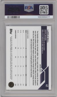 LaMelo Ball from the 2023-24 Topps Chrome set featuring a Blue Lava Refractor parallel graded by PSA and given an overall grade of 10.