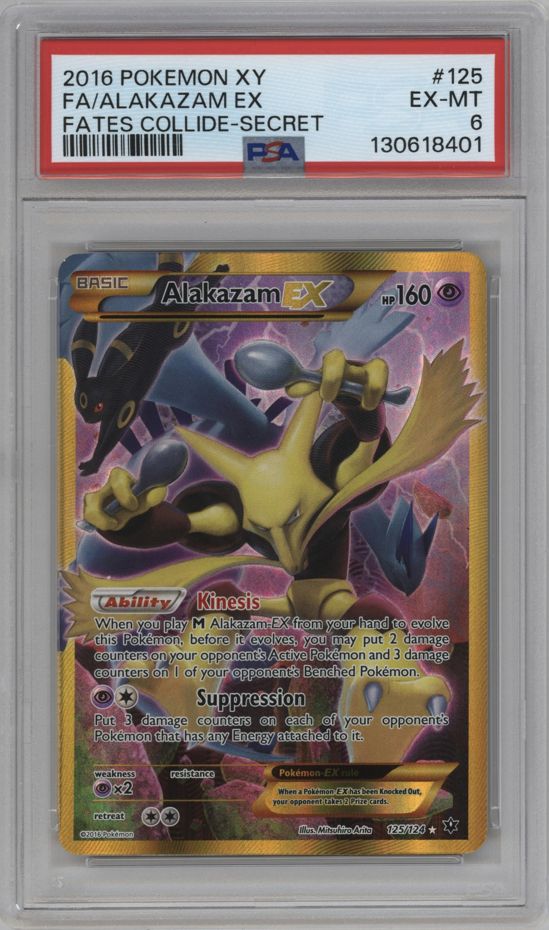 Alakazam EX from the 2016 Pokemon XY set graded by PSA and given an overall grade of 6.