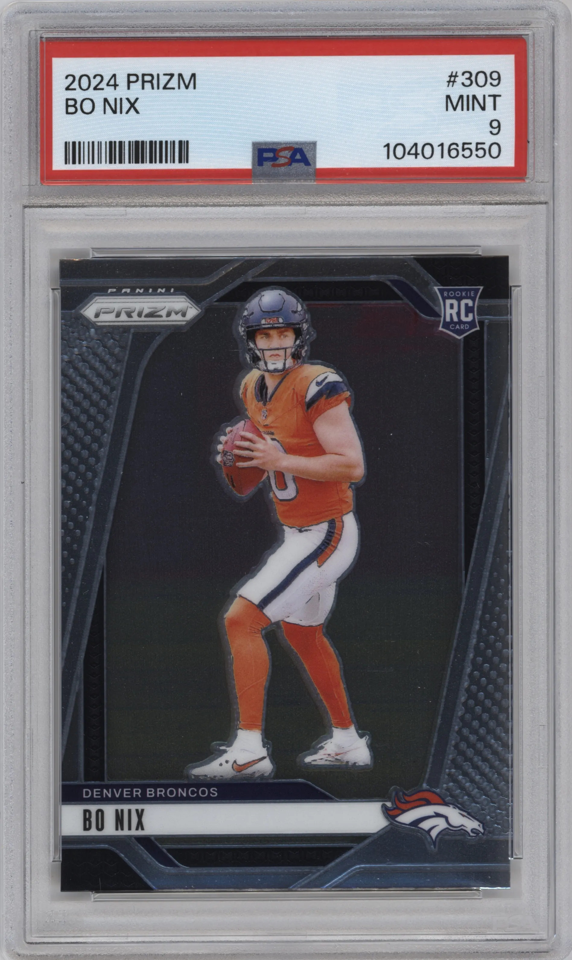 Bo Nix from the 2024 Panini Prizm set graded by PSA and given an overall grade of 9.