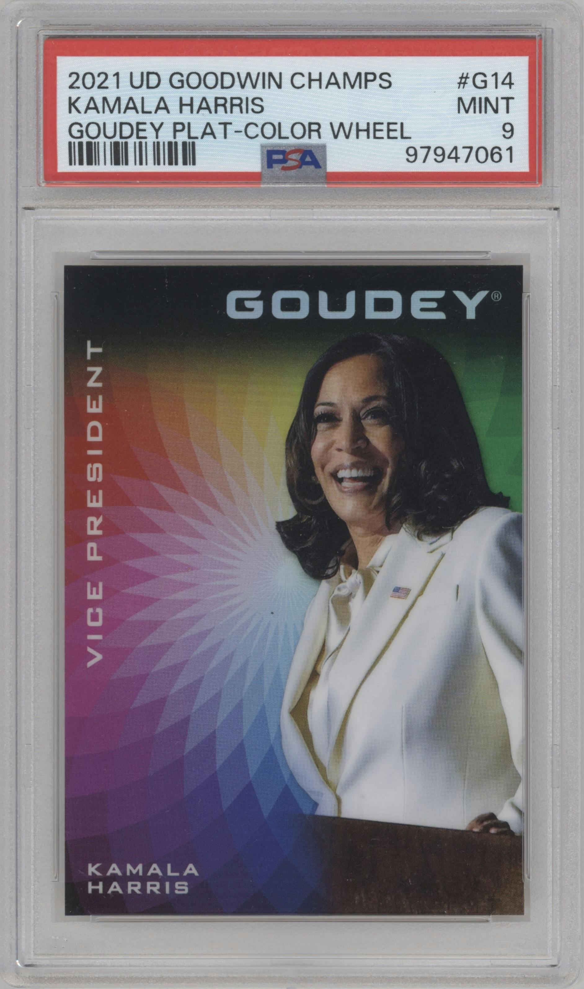 Kamala Harris from the 2021 Upper Deck Goodwin Champions set featuring a Epack Color Wheel parallel graded by PSA and given an overall grade of 9.