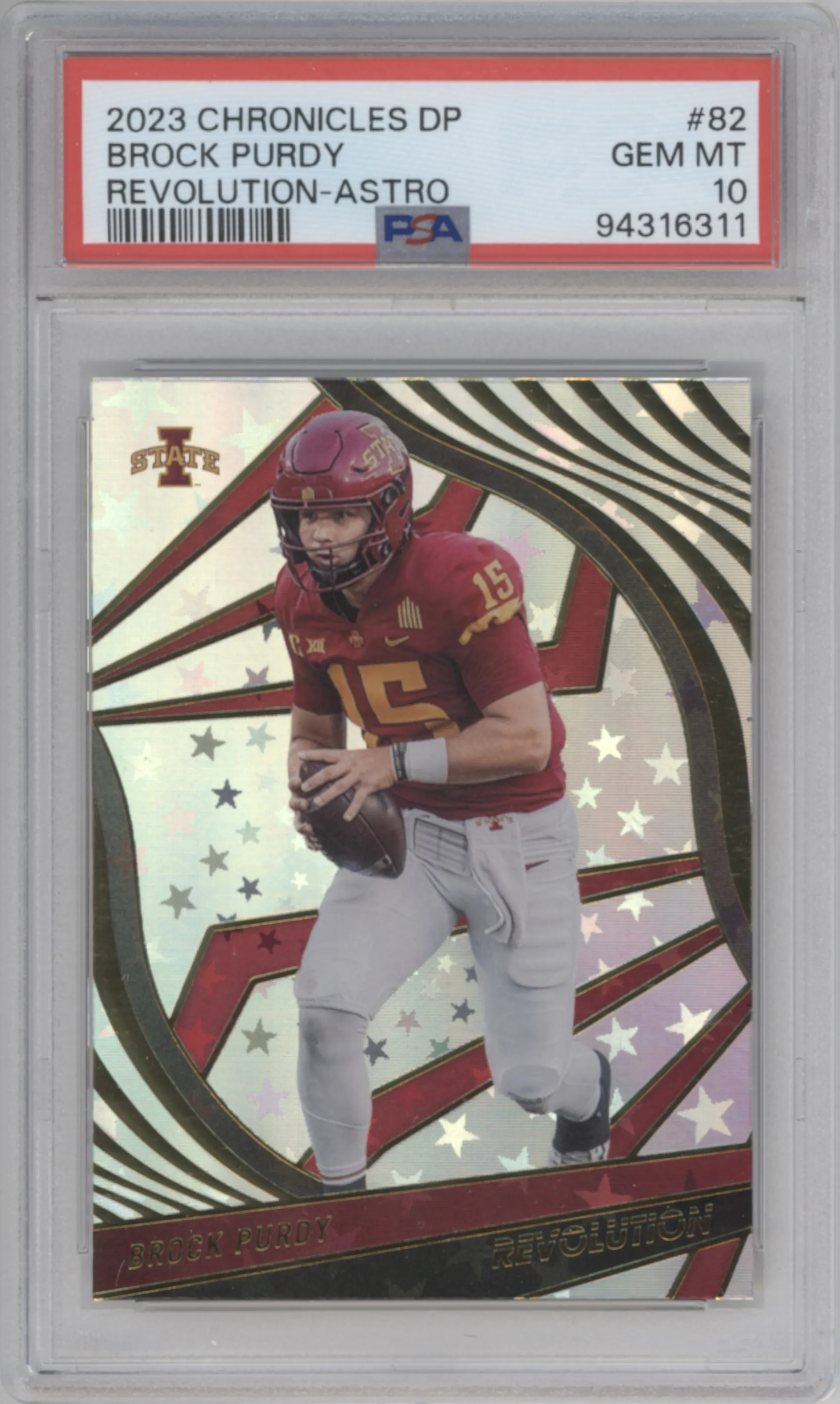 Brock Purdy  from the 2023 Panini Chronicles Draft Picks set featuring a Astro parallel graded by PSA and given an overall grade of 10.