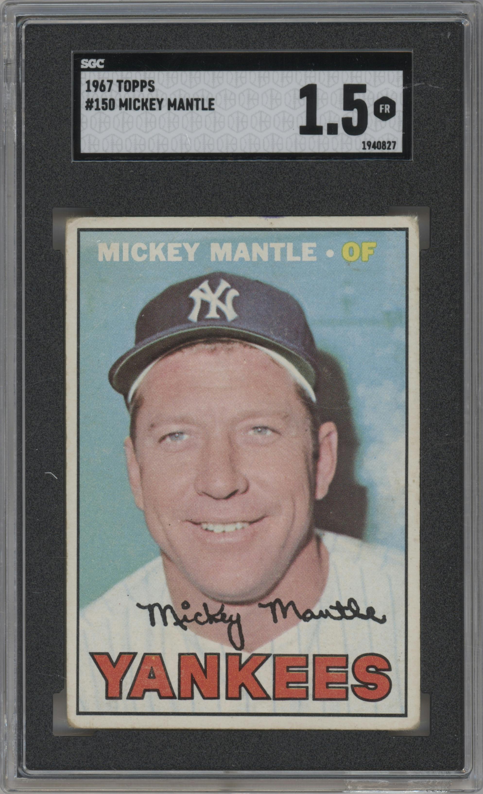Mickey Mantle from the 1967 Topps set graded by SGC and given an overall grade of 1.5.