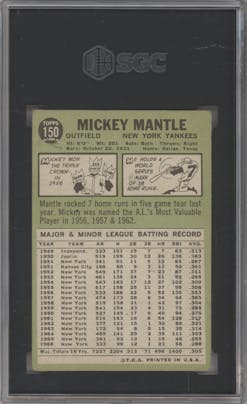 Mickey Mantle from the 1967 Topps set graded by SGC and given an overall grade of 1.5.