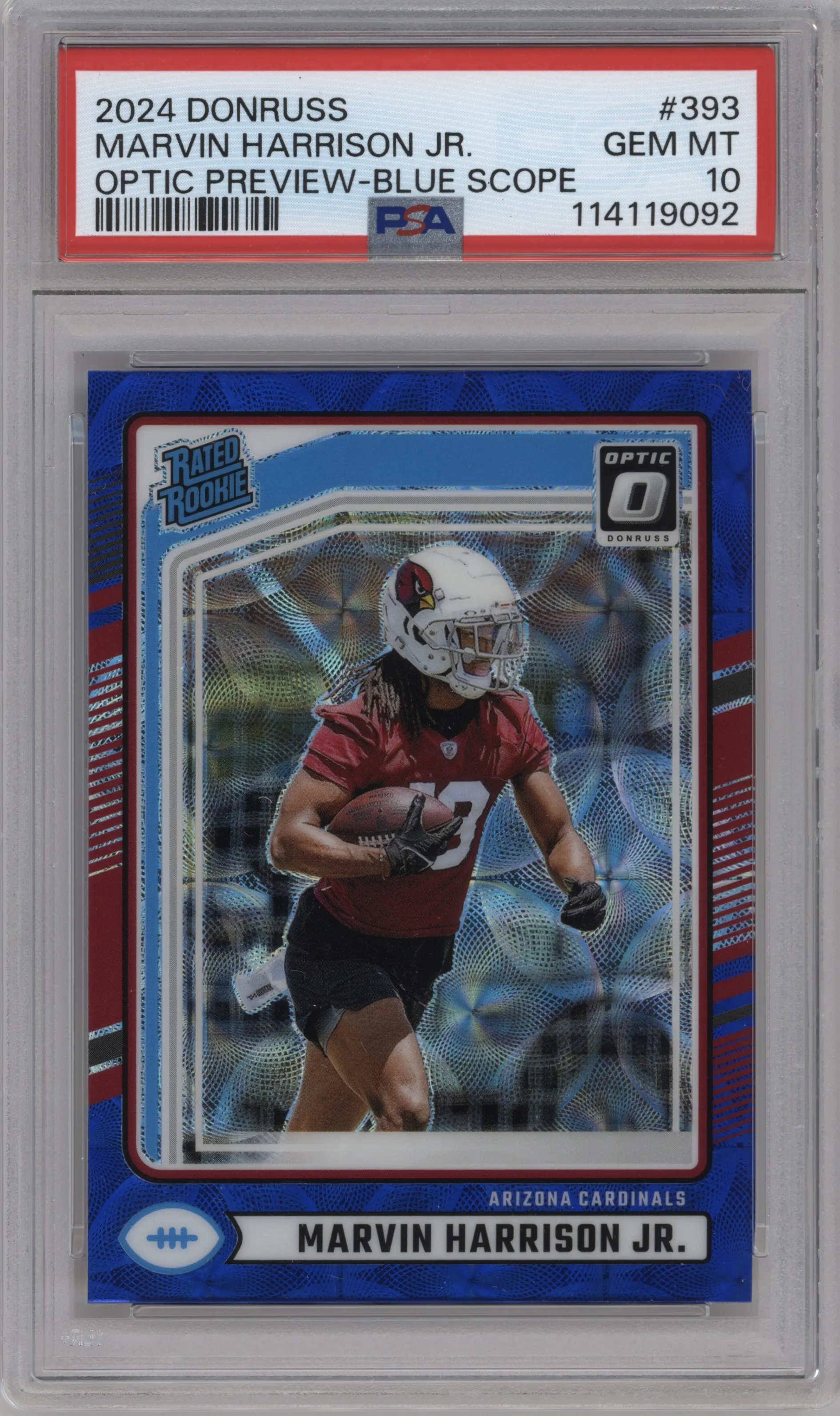 Marvin Harrison Jr. from the 2024 Donruss set featuring a Blue Scope parallel graded by PSA and given an overall grade of 10.