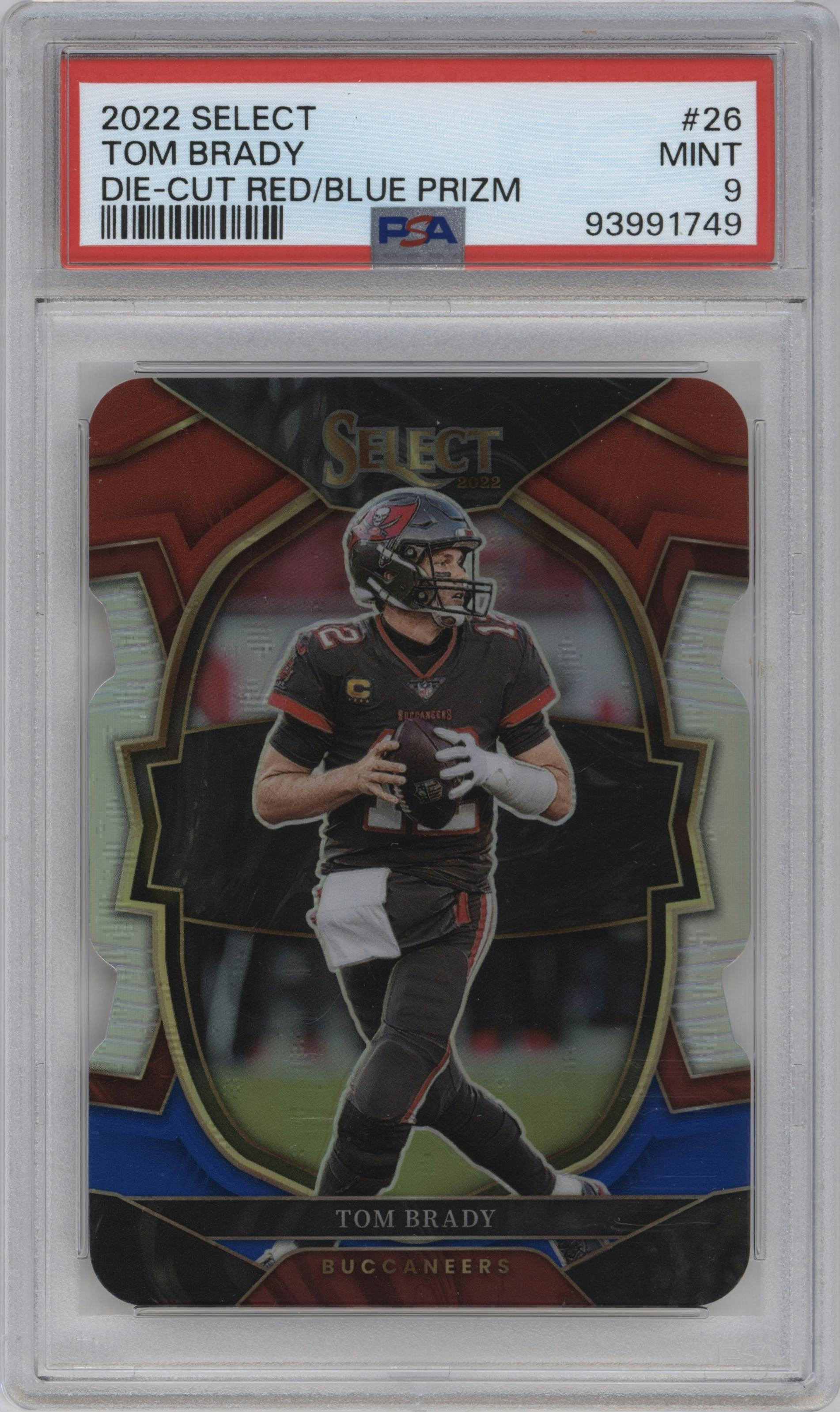 Tom Brady from the 2022 Panini Select set featuring a Die-Cut Red/Blue parallel graded by PSA and given an overall grade of 9.