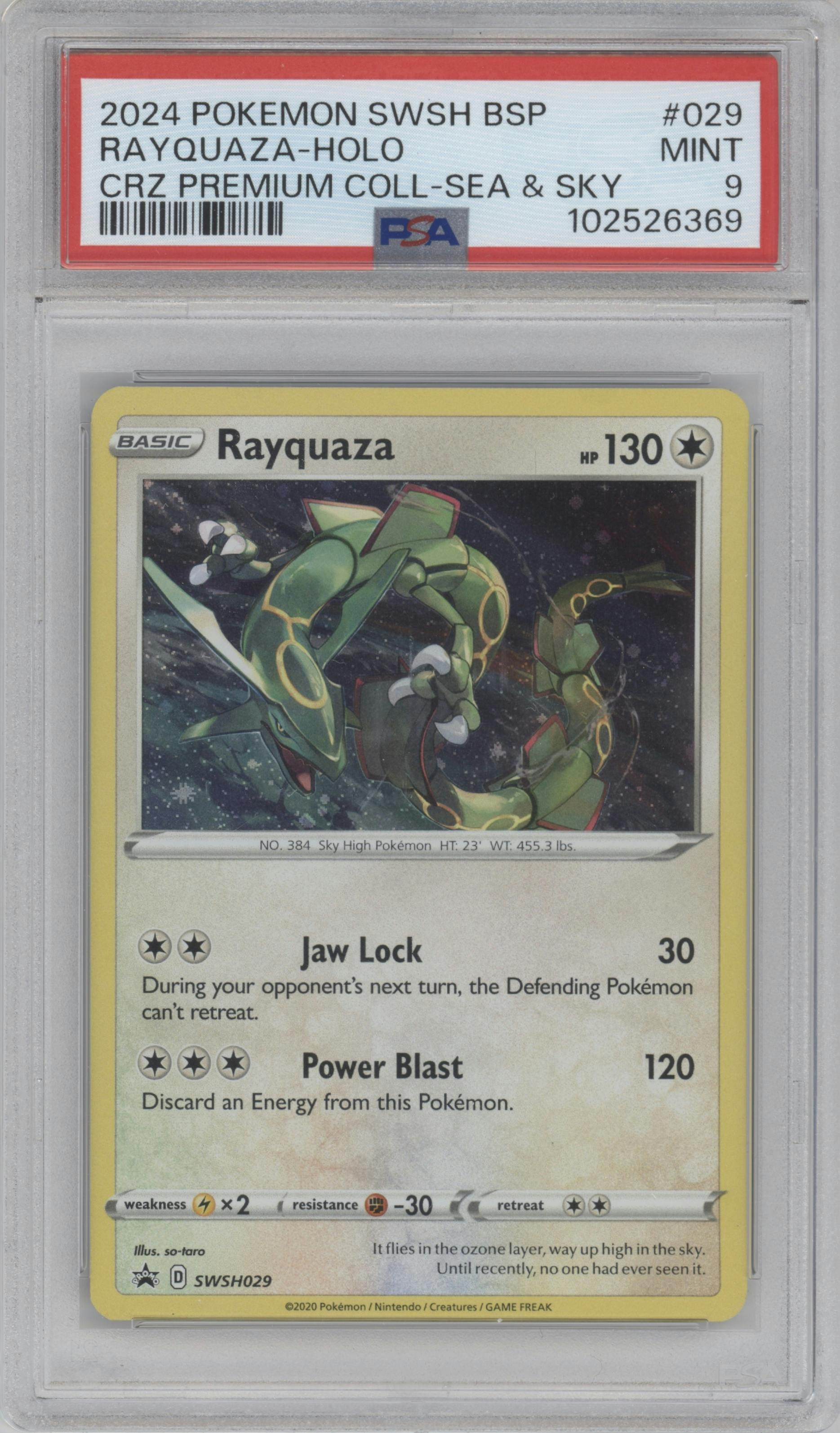 Rayquaza from the 2020 Pokemon SWSH set featuring a 2024 Crown Zenith Premium Collection parallel graded by PSA and given an overall grade of 9.
