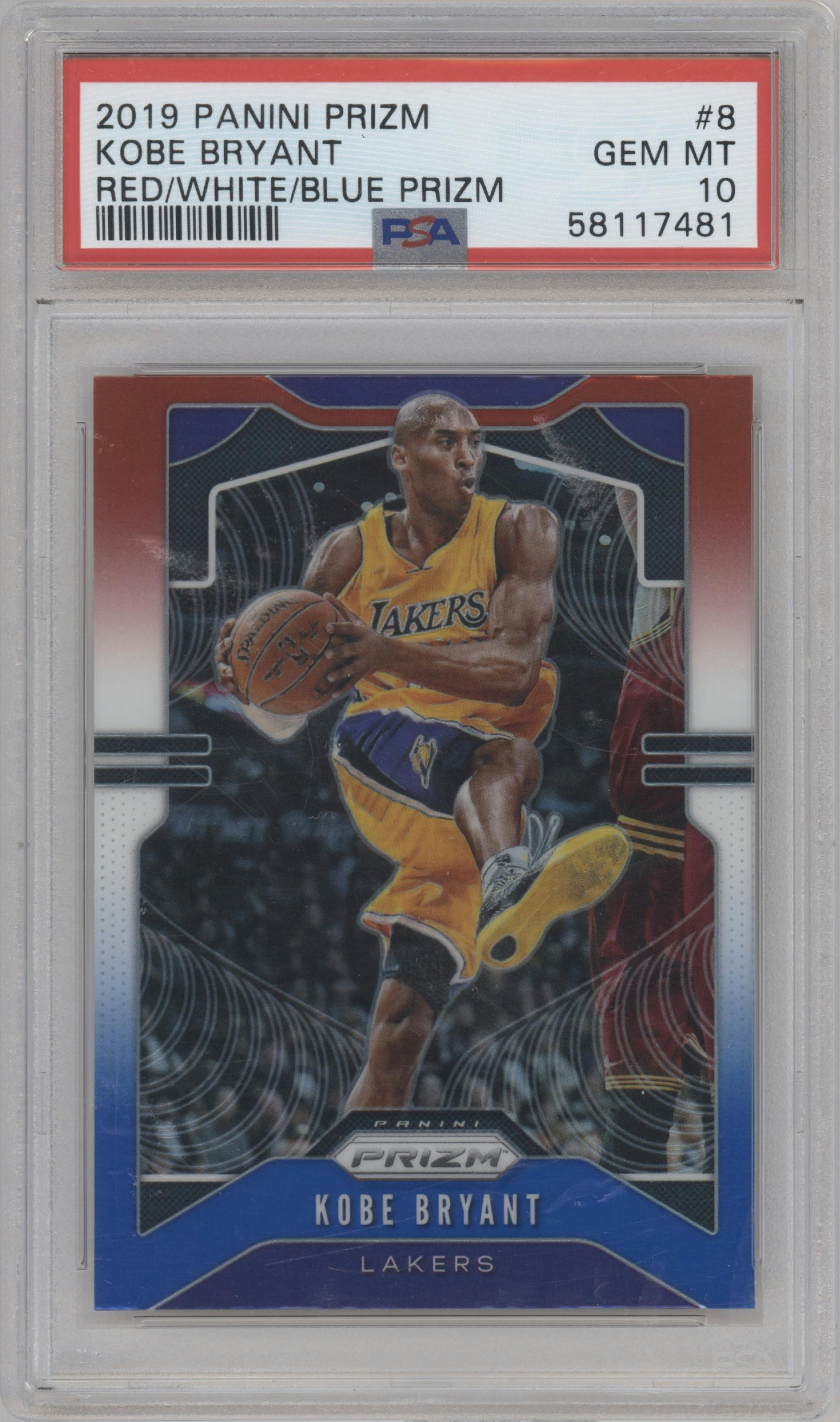 Kobe Bryant from the 2019-20 Panini Prizm set featuring a Red/White/Blue Prizm  parallel graded by PSA and given an overall grade of 10.