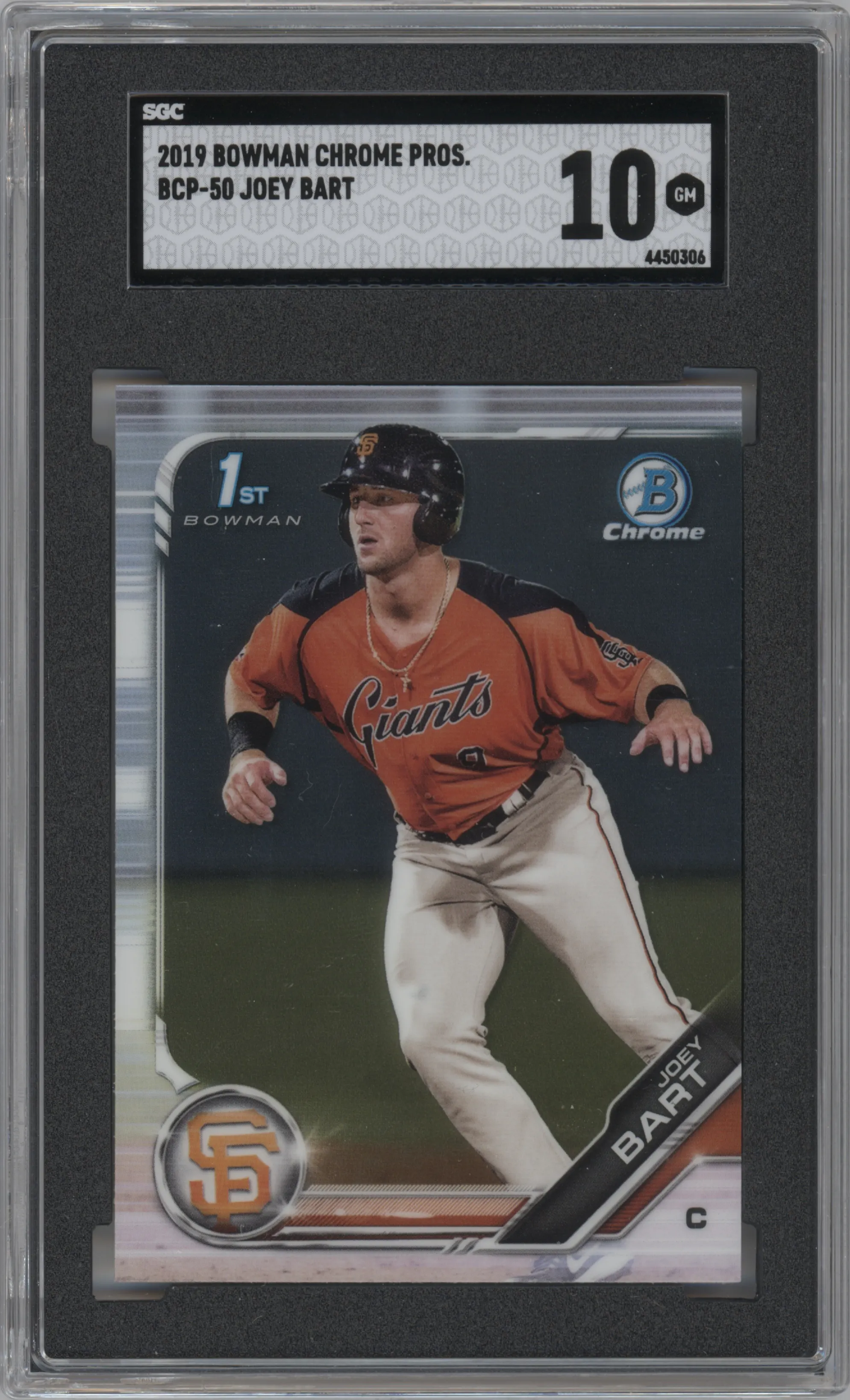 Joey Bart from the 2019 Bowman  set graded by SGC and given an overall grade of 10.