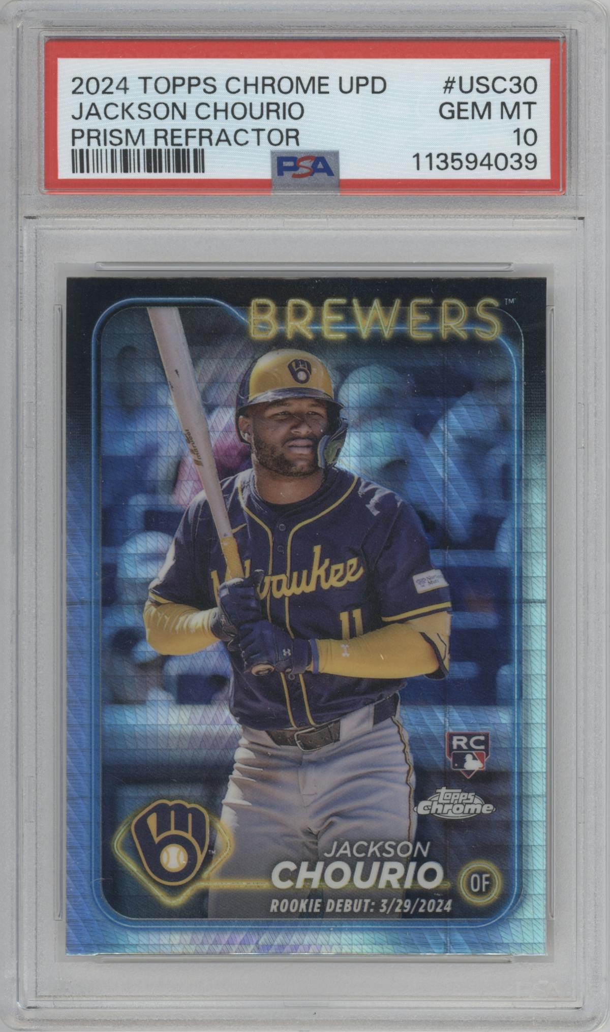 Jackson Chourio from the 2024 Topps Chrome Update set featuring a Prism Refractor parallel graded by PSA and given an overall grade of 10.