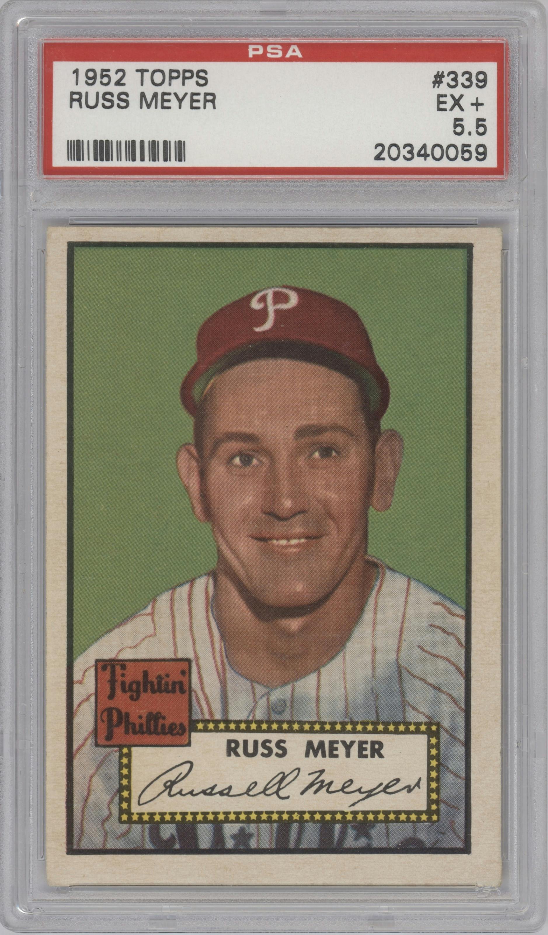 Russ Meyer from the 1952 Topps set graded by PSA and given an overall grade of 5.5.
