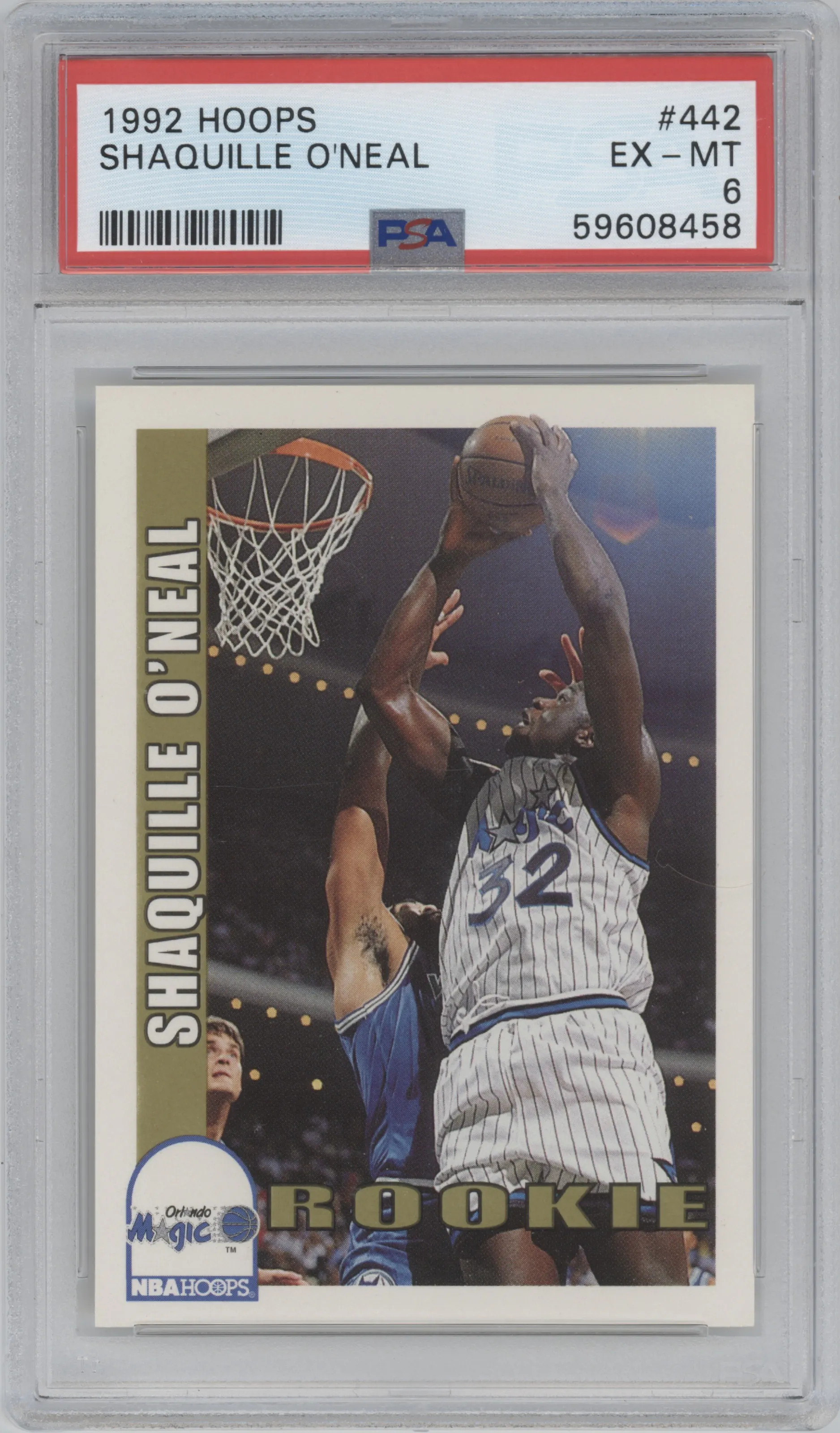 Shaquille O'neal from the 1992-93 NBA Hoops set graded by PSA and given an overall grade of 6.