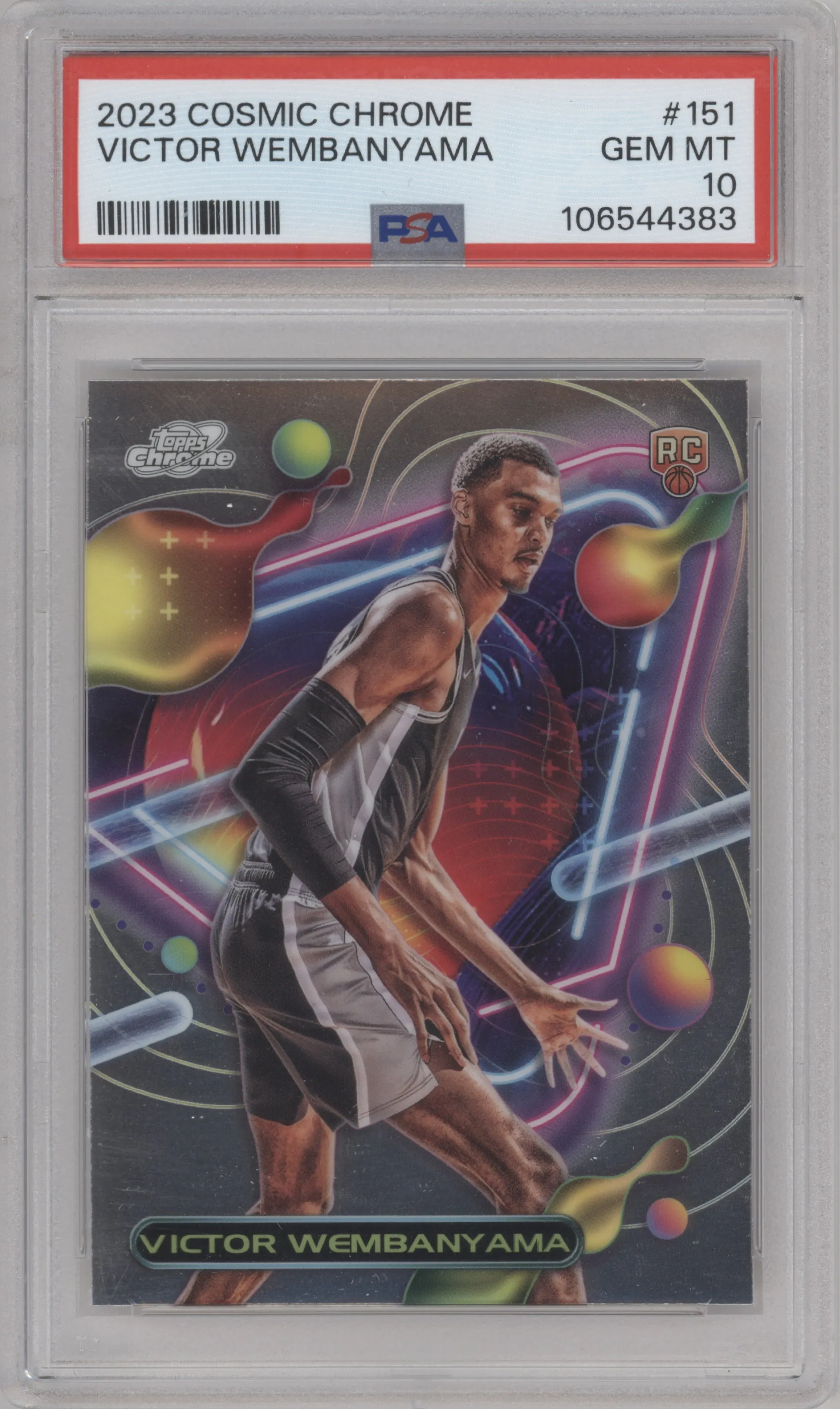 Victor Wembanyama from the 2023-24 Topps Chrome Cosmic set graded by PSA and given an overall grade of 10.