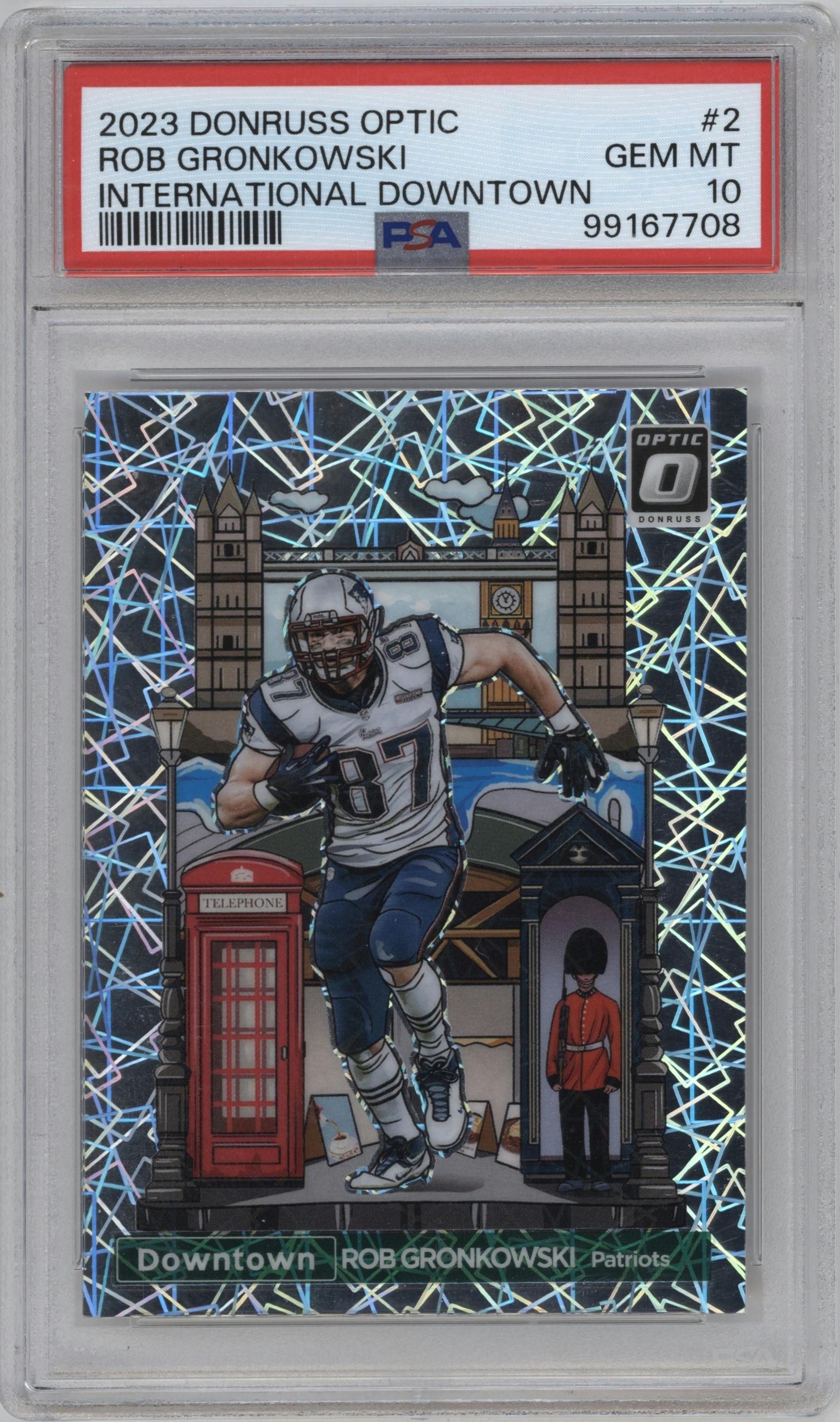 Rob Gronkowski from the 2023 Donruss Optic set graded by PSA and given an overall grade of 10.