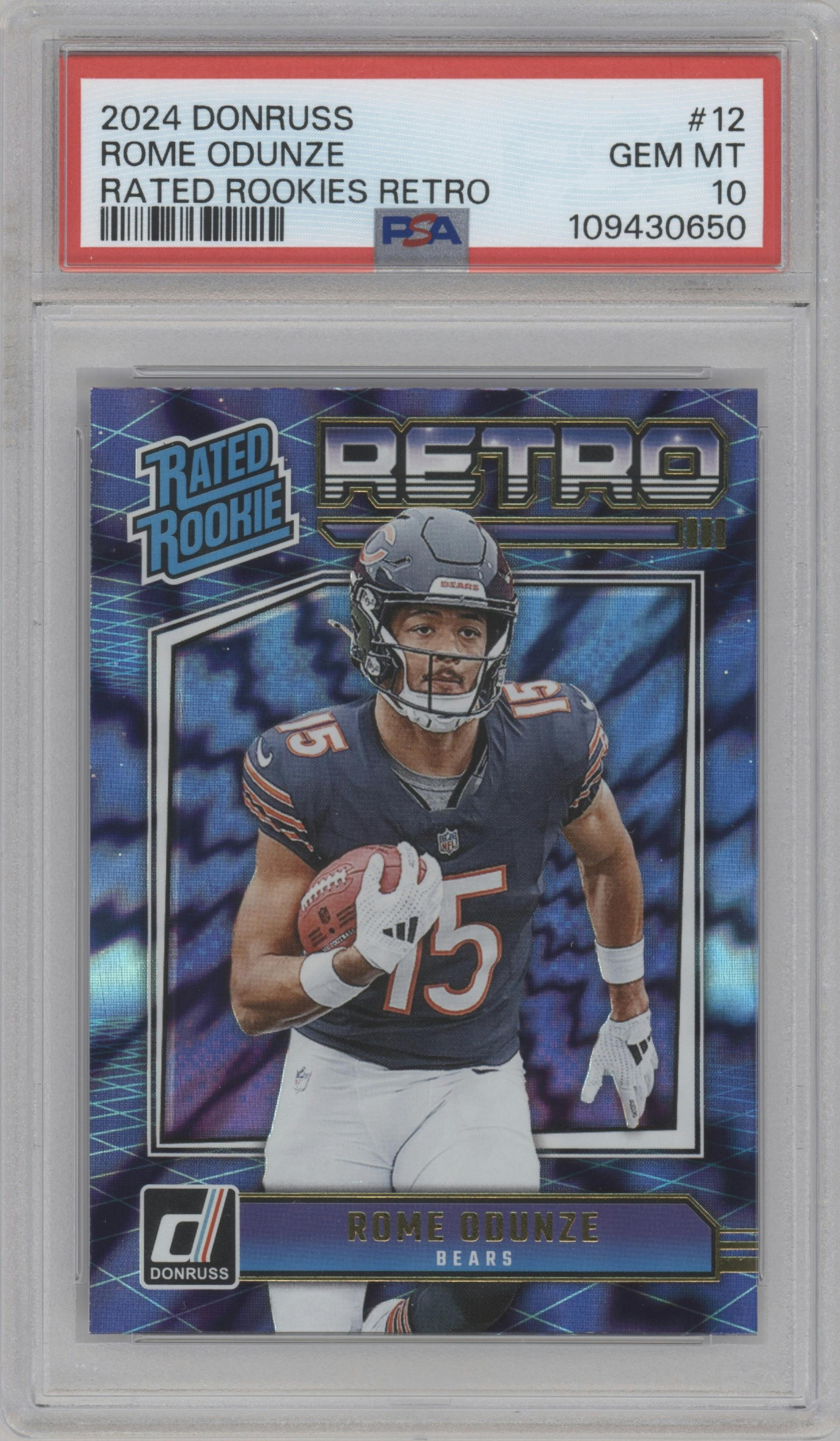 Rome Odunze from the 2024 Donruss set graded by PSA and given an overall grade of 10.