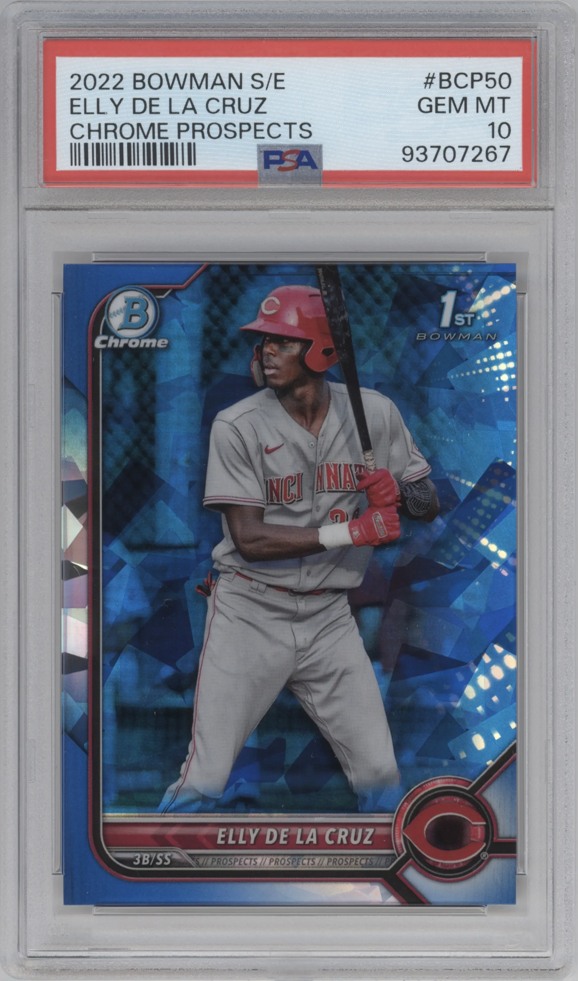 Elly De La Cruz from the 2022 Bowman Sapphire Edition set graded by PSA and given an overall grade of 10.