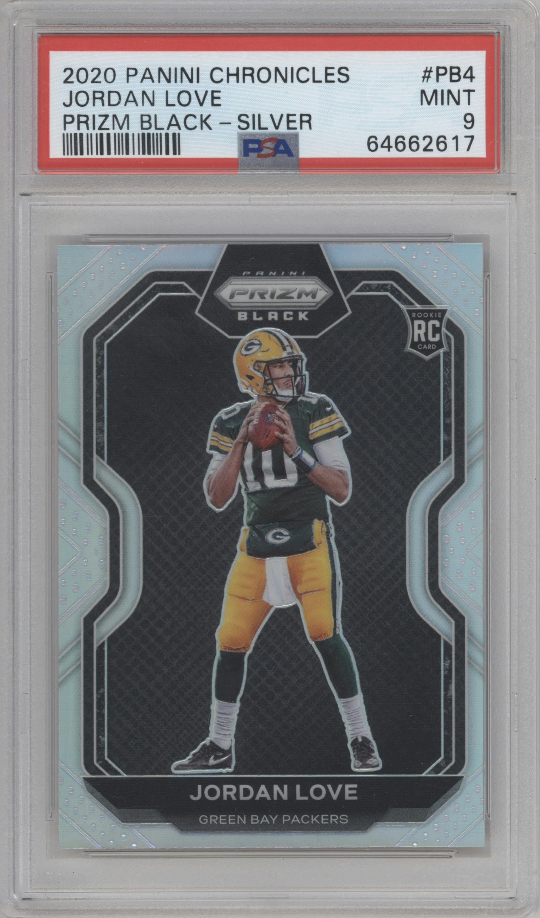 Jordan Love from the 2020 Panini Chronicles set featuring a Silver parallel graded by PSA and given an overall grade of 9.