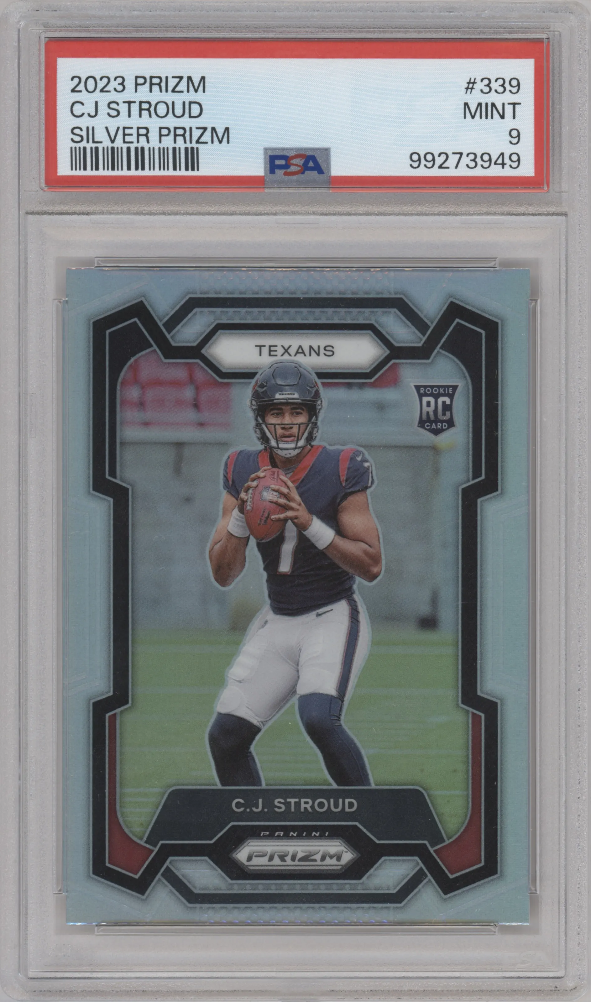 C.J. Stroud from the 2023 Panini Prizm set featuring a Silver Prizm parallel graded by PSA and given an overall grade of 9.