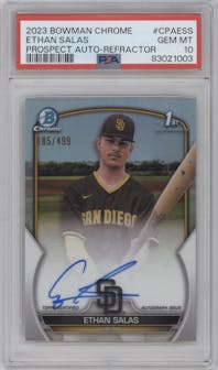 Ethan Salas from the 2023 Bowman Chrome set featuring a Refractor parallel graded by PSA and given an overall grade of 10.
