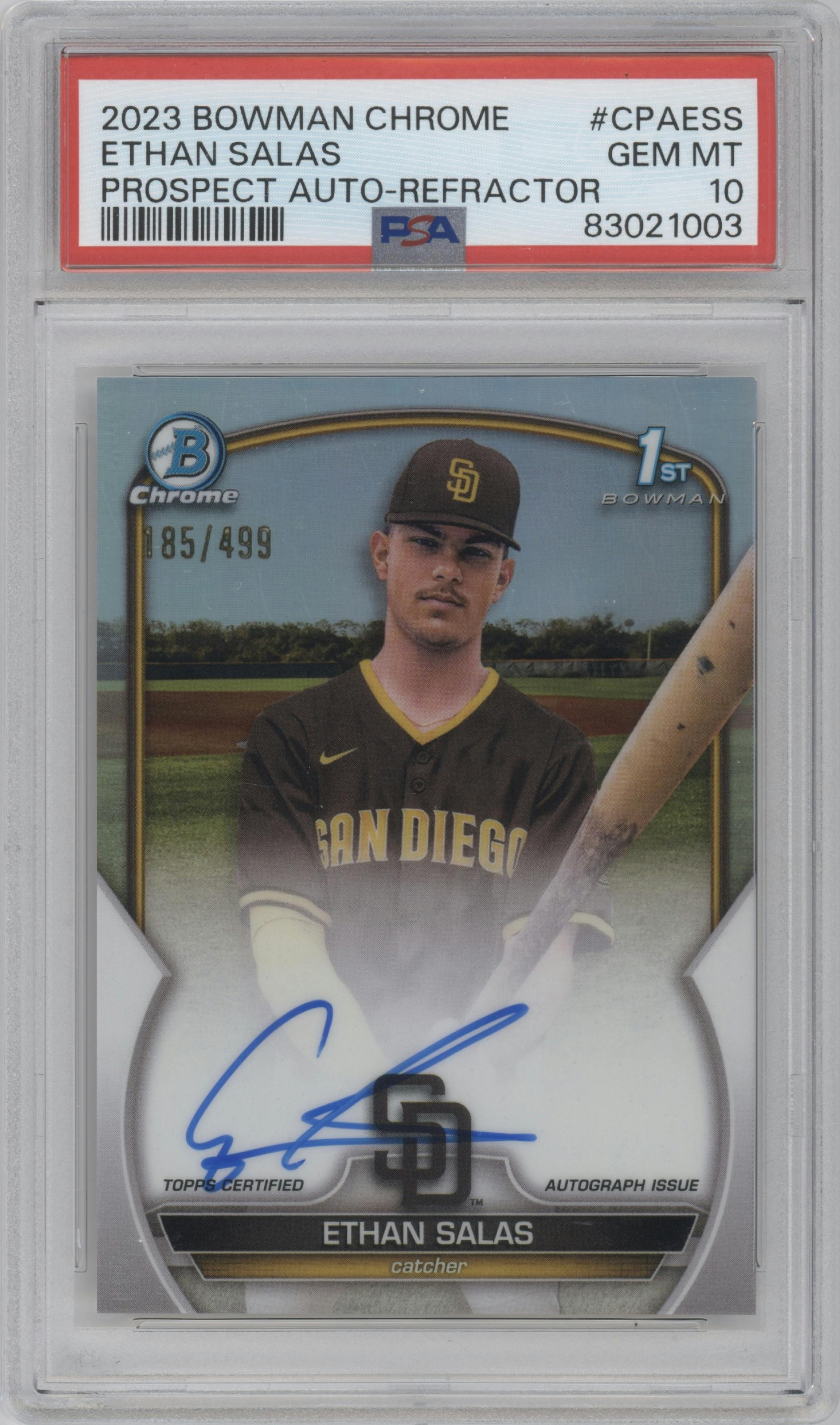 Ethan Salas from the 2023 Bowman Chrome set featuring a Refractor parallel graded by PSA and given an overall grade of 10.