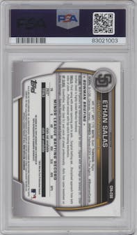 Ethan Salas from the 2023 Bowman Chrome set featuring a Refractor parallel graded by PSA and given an overall grade of 10.