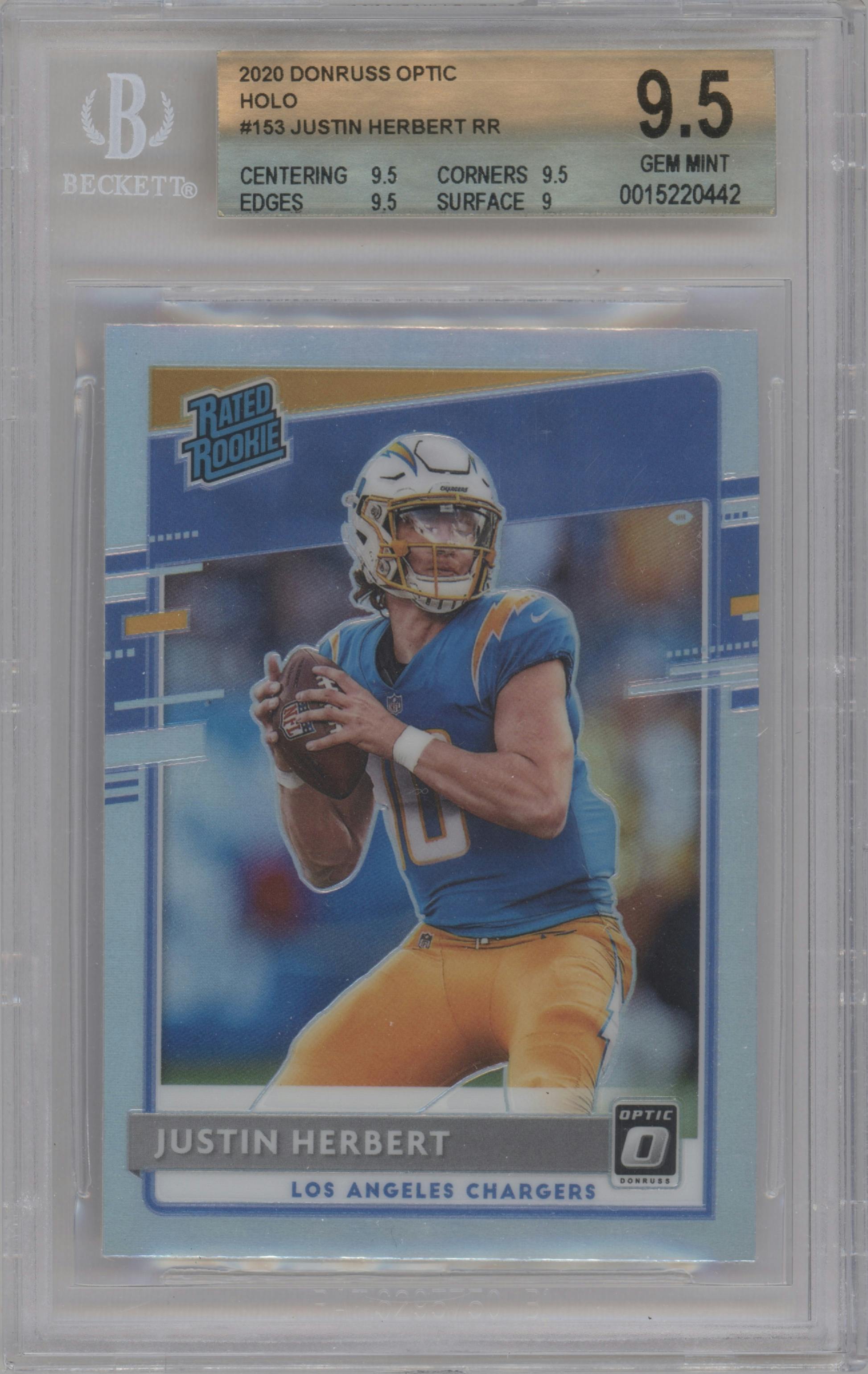 Justin Herbert from the 2020 Panini Donruss Optic set featuring a Holo parallel graded by Beckett and given an overall grade of 9.5.
