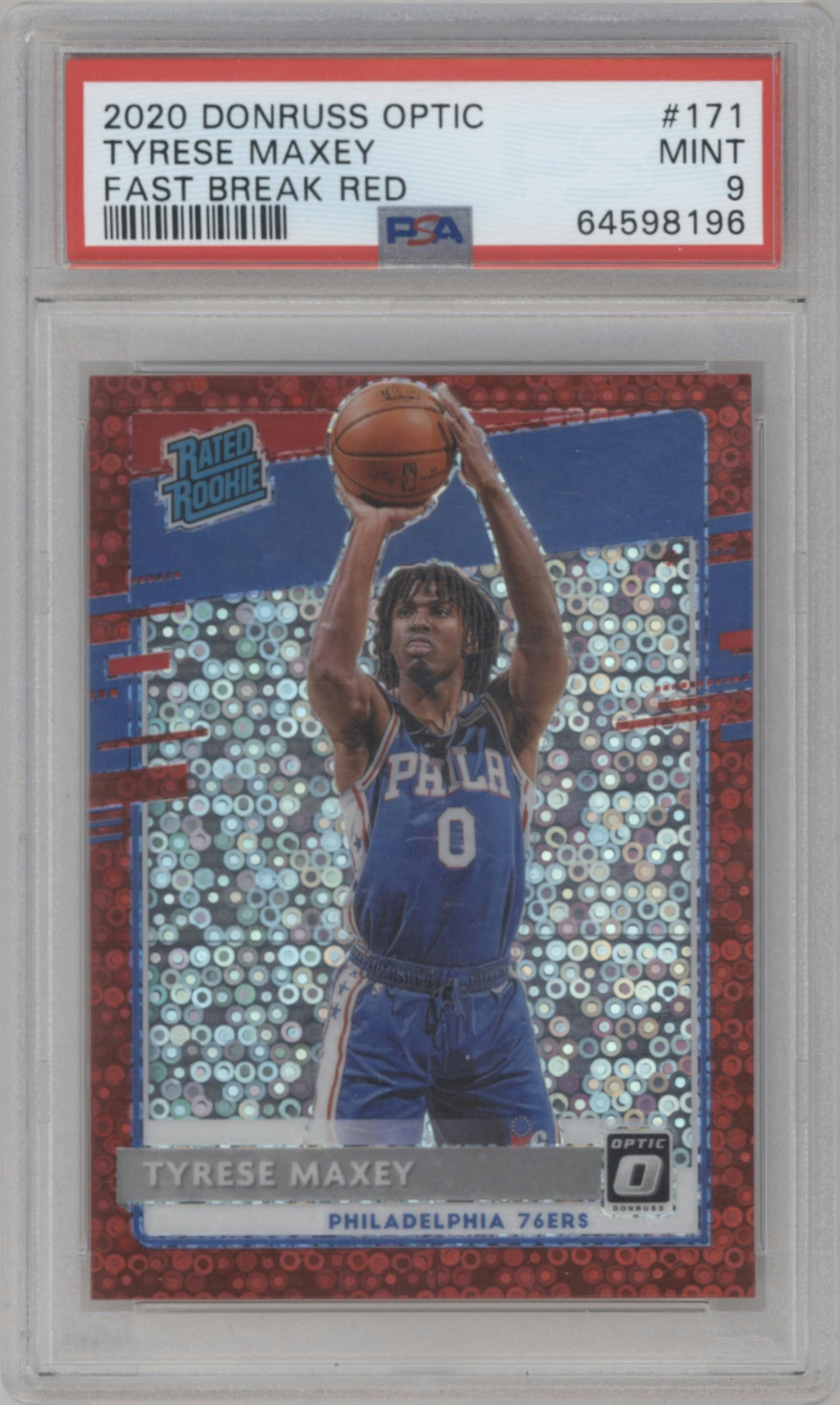 Tyrese Maxey from the 2020-21 Panini Donruss Optic set featuring a Fast Break Red parallel graded by PSA and given an overall grade of 9.