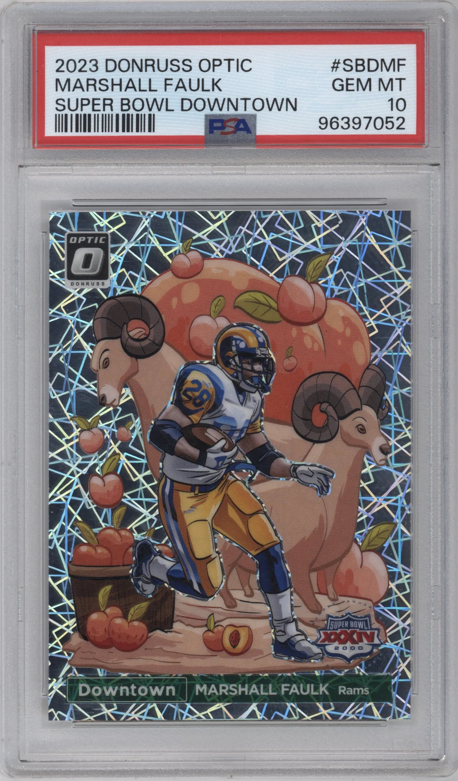 Marshall Faulk from the 2023 Donruss Optic set graded by PSA and given an overall grade of 10.