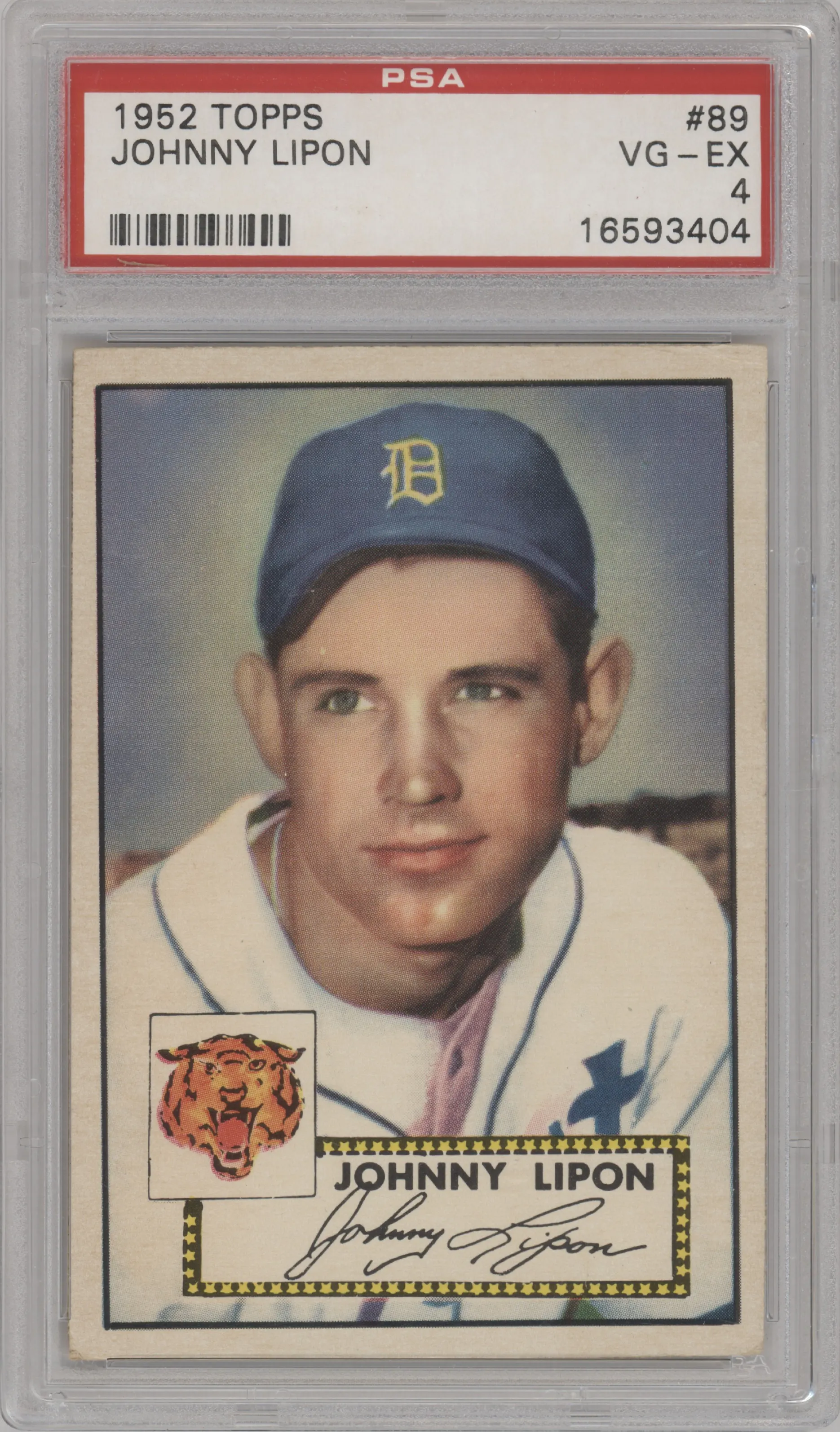 Johnny Lipon from the 1952 Topps set graded by PSA and given an overall grade of 4.