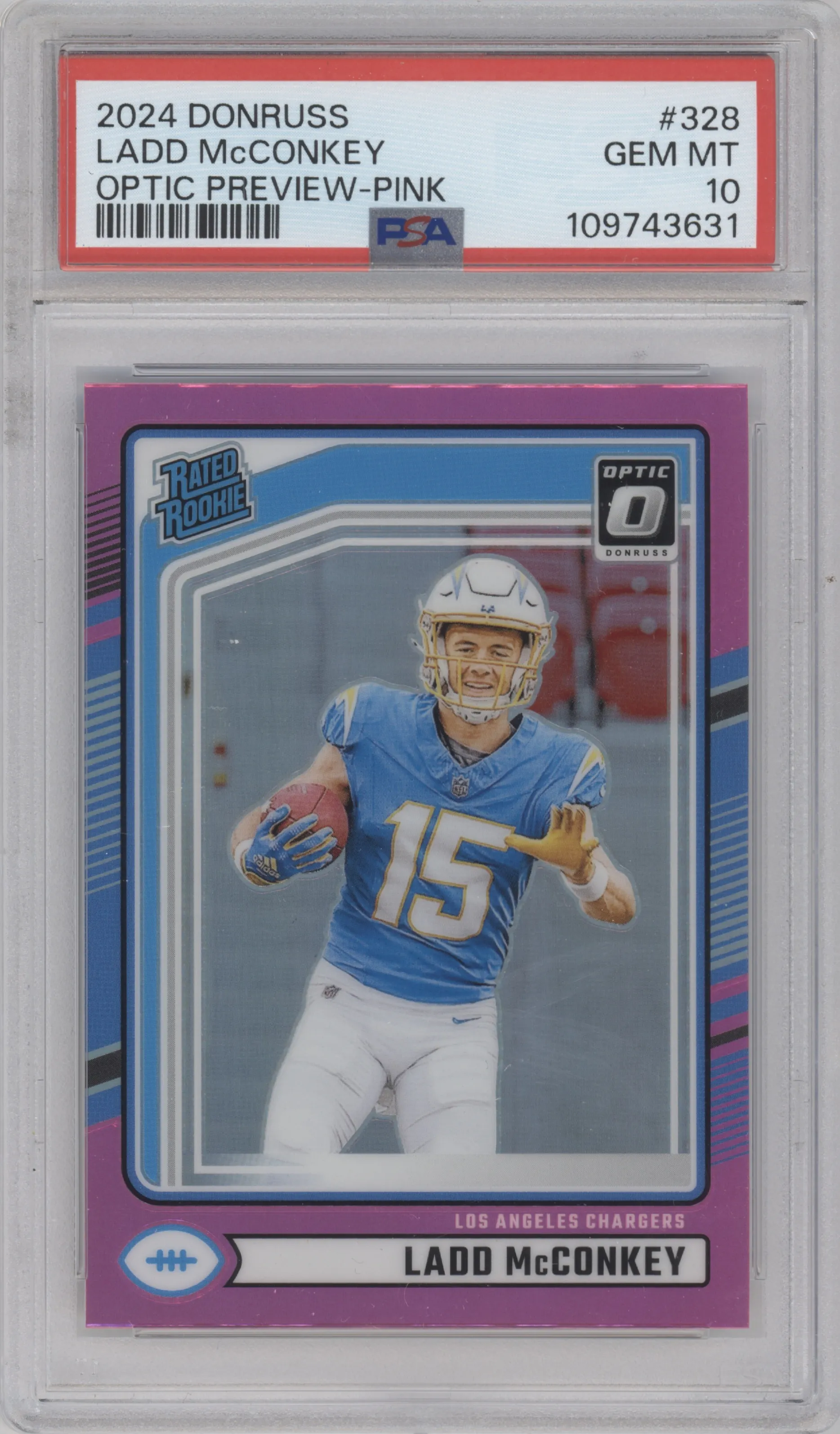 Ladd McConkey from the 2024 Donruss set featuring a Pink parallel graded by PSA and given an overall grade of 10.