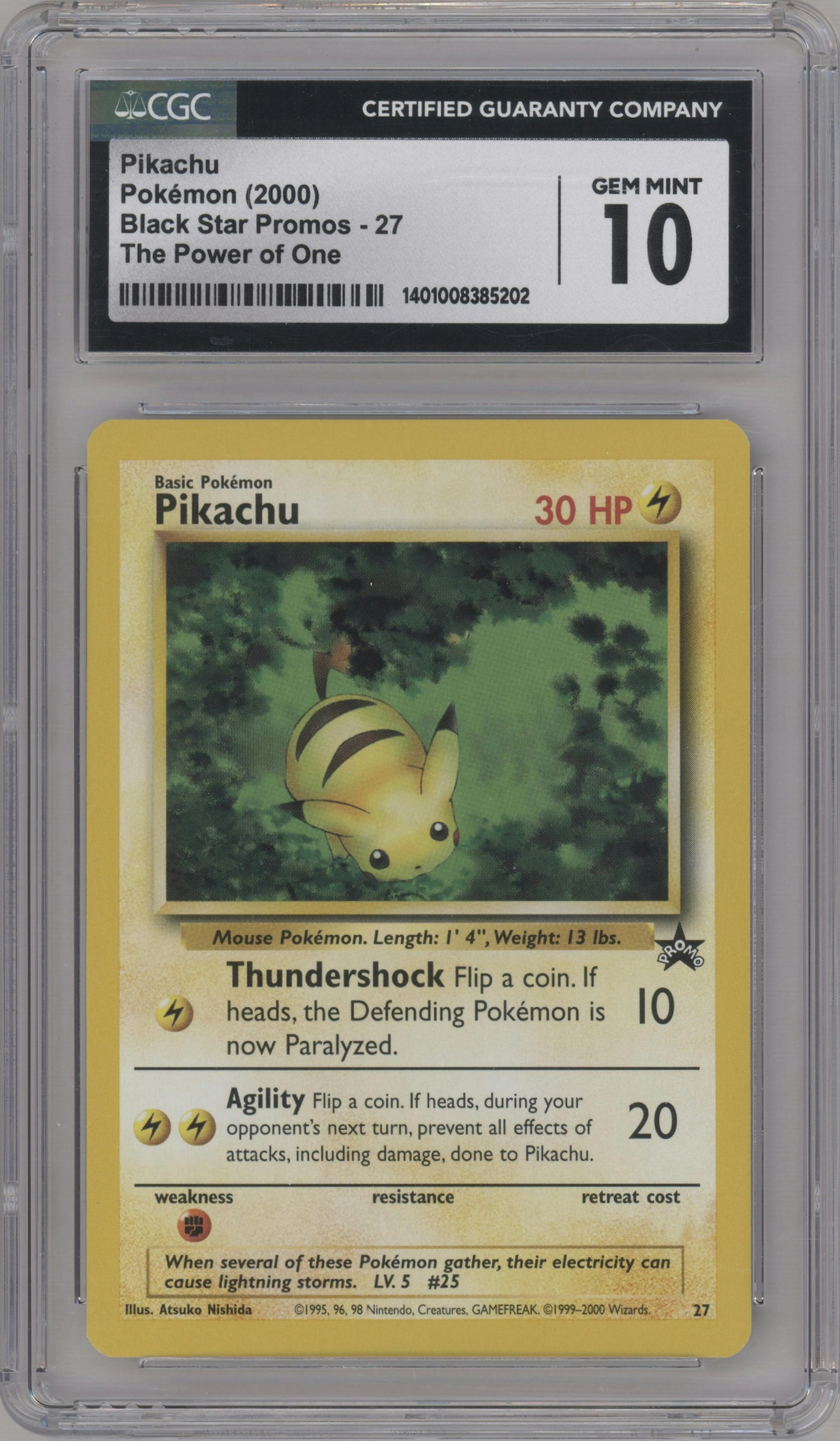 Pikachu from the 2000 Pokemon set featuring a The Power of One parallel graded by CSG and given an overall grade of 10.