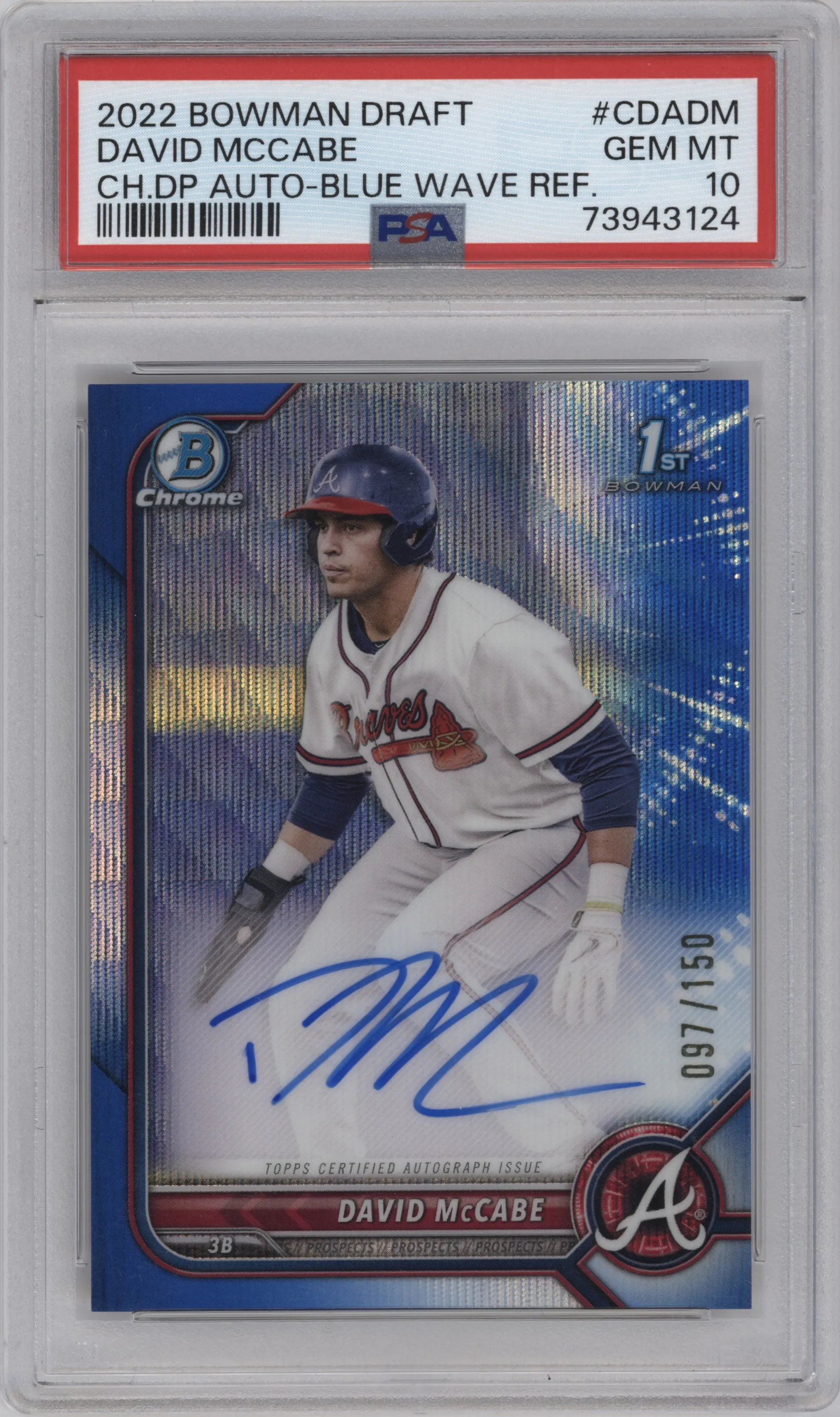 David McCabe from the 2022 Bowman Draft set featuring a Blue Wave Refractor parallel graded by PSA and given an overall grade of 10.