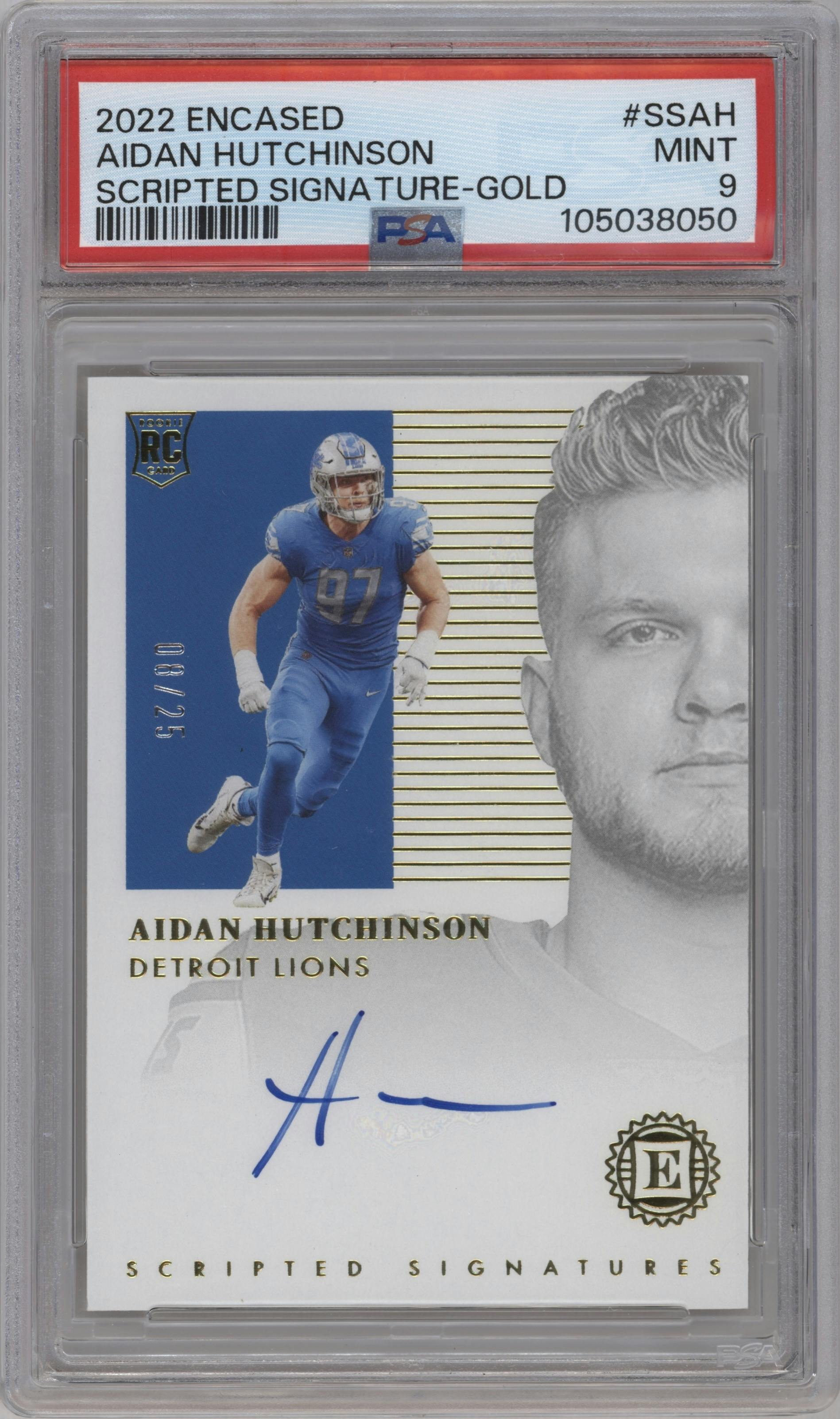 Aidan Hutchinson from the 2022 Panini Encased set featuring a Gold parallel graded by PSA and given an overall grade of 9.