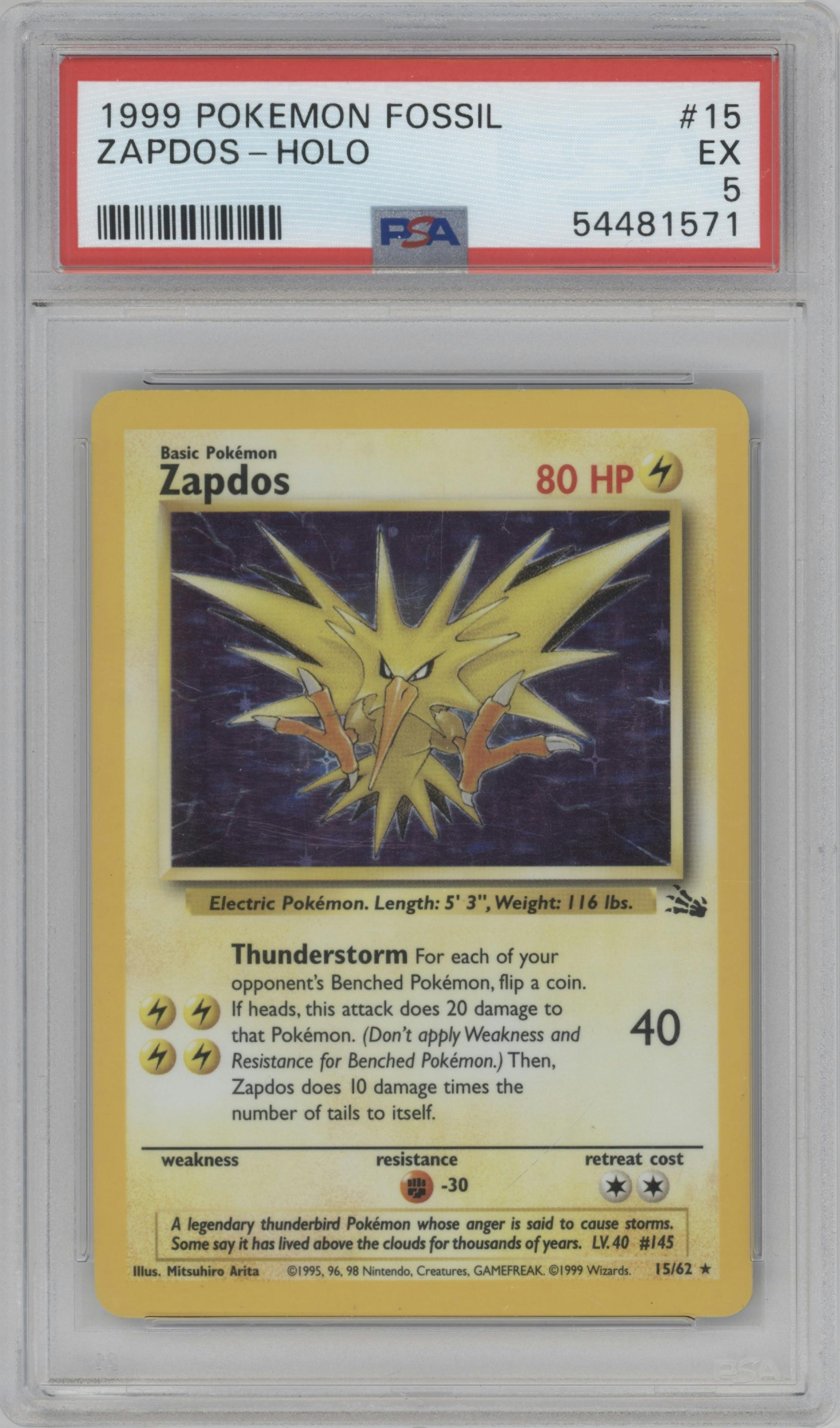 Zapdos from the 1999 Pokemon set graded by PSA and given an overall grade of 5.
