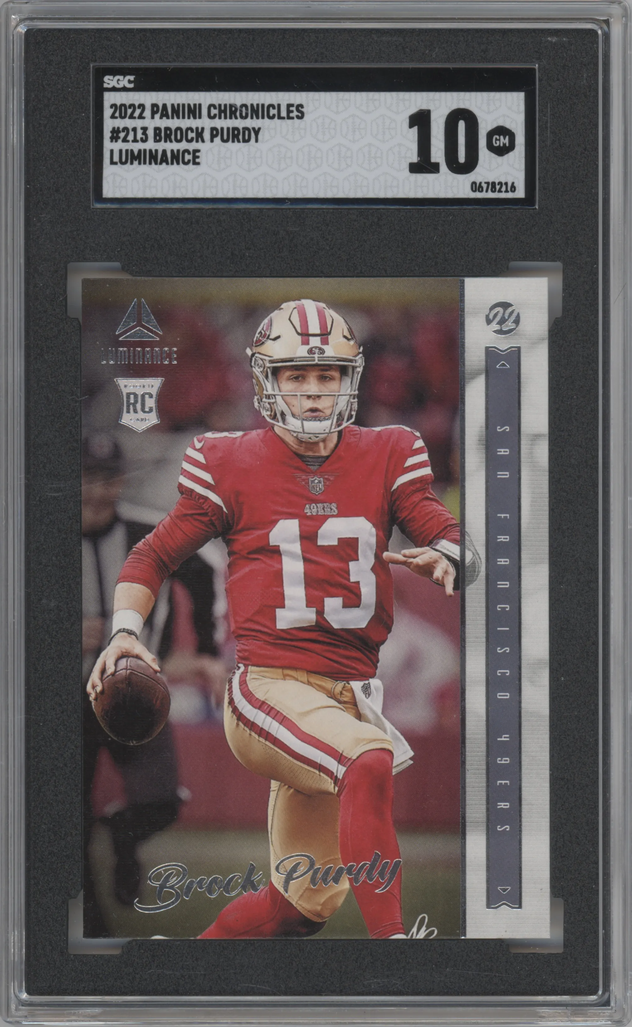 Brock Purdy from the 2022 Panini Chronicles set graded by SGC and given an overall grade of 10.