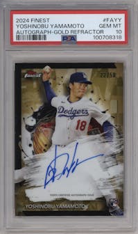 Yoshinobu Yamamoto  from the 2024 Topps Finest set featuring a Gold Refractor parallel graded by PSA and given an overall grade of 10.