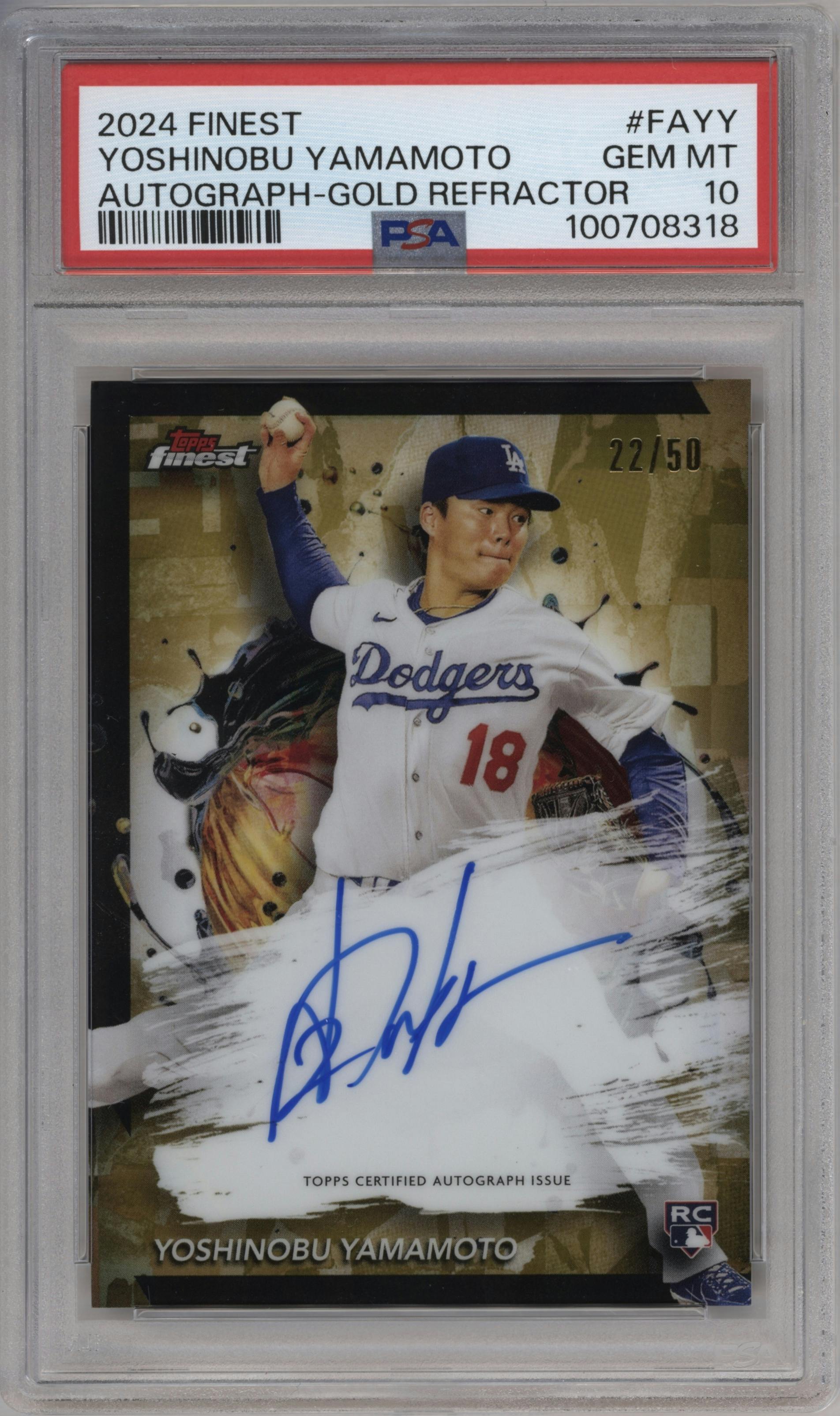 Yoshinobu Yamamoto  from the 2024 Topps Finest set featuring a Gold Refractor parallel graded by PSA and given an overall grade of 10.