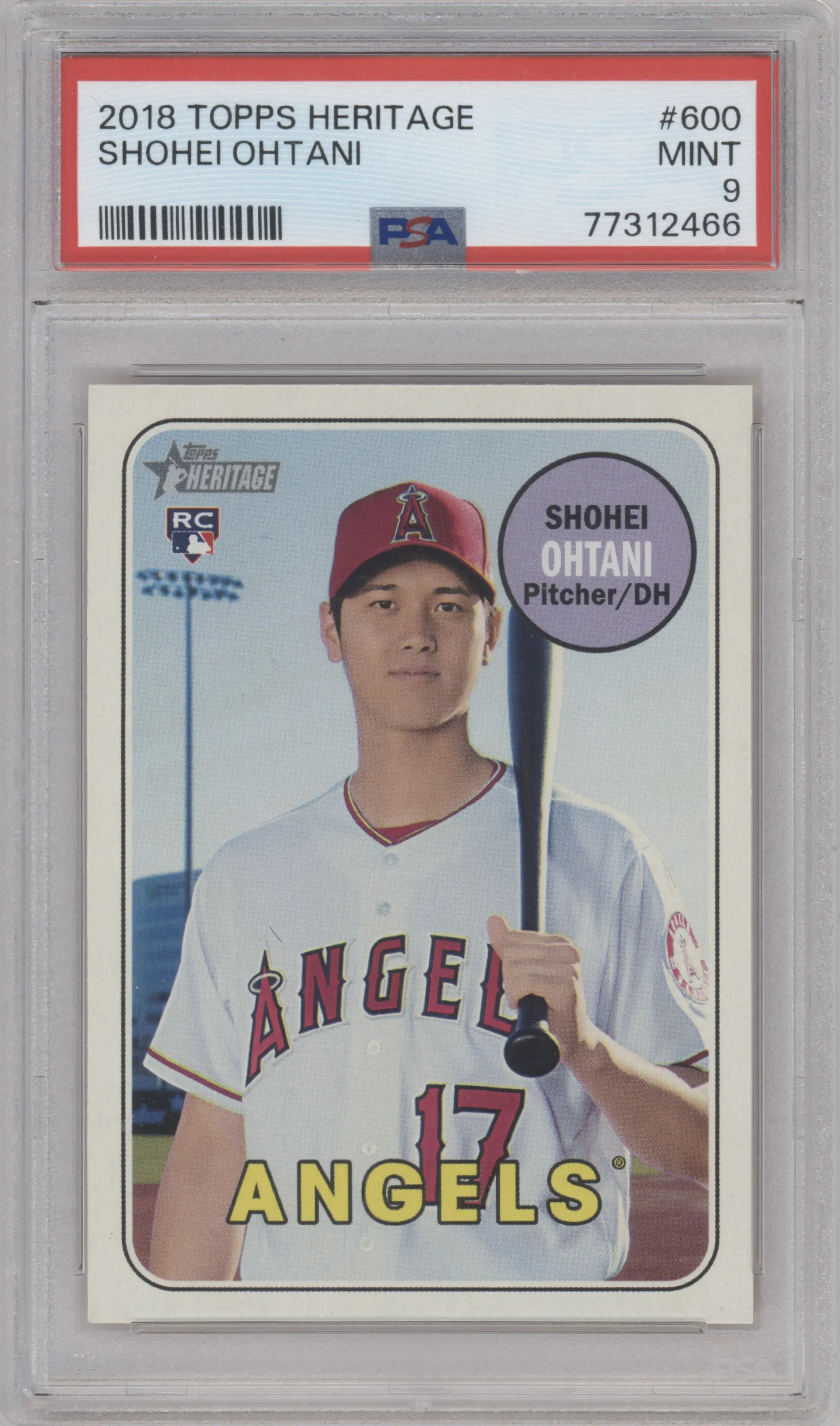 Shohei Ohtani from the 2018 Topps Heritage High Number set graded by PSA and given an overall grade of 9.