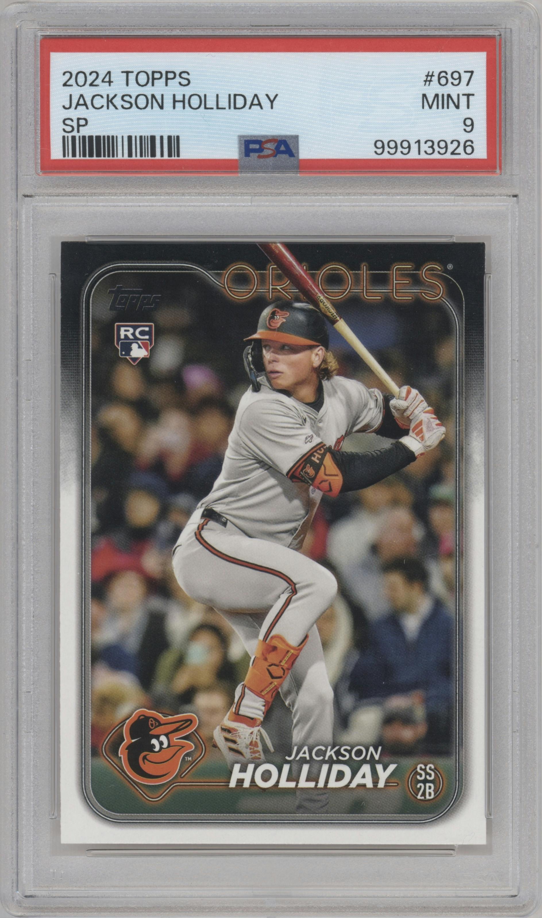 Jackson Holliday from the 2024 Topps  set graded by PSA and given an overall grade of 9.