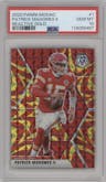 Patrick Mahomes II from the 2020 Panini Mosaic set featuring a Reactive Gold parallel graded by PSA and given an overall grade of 10.