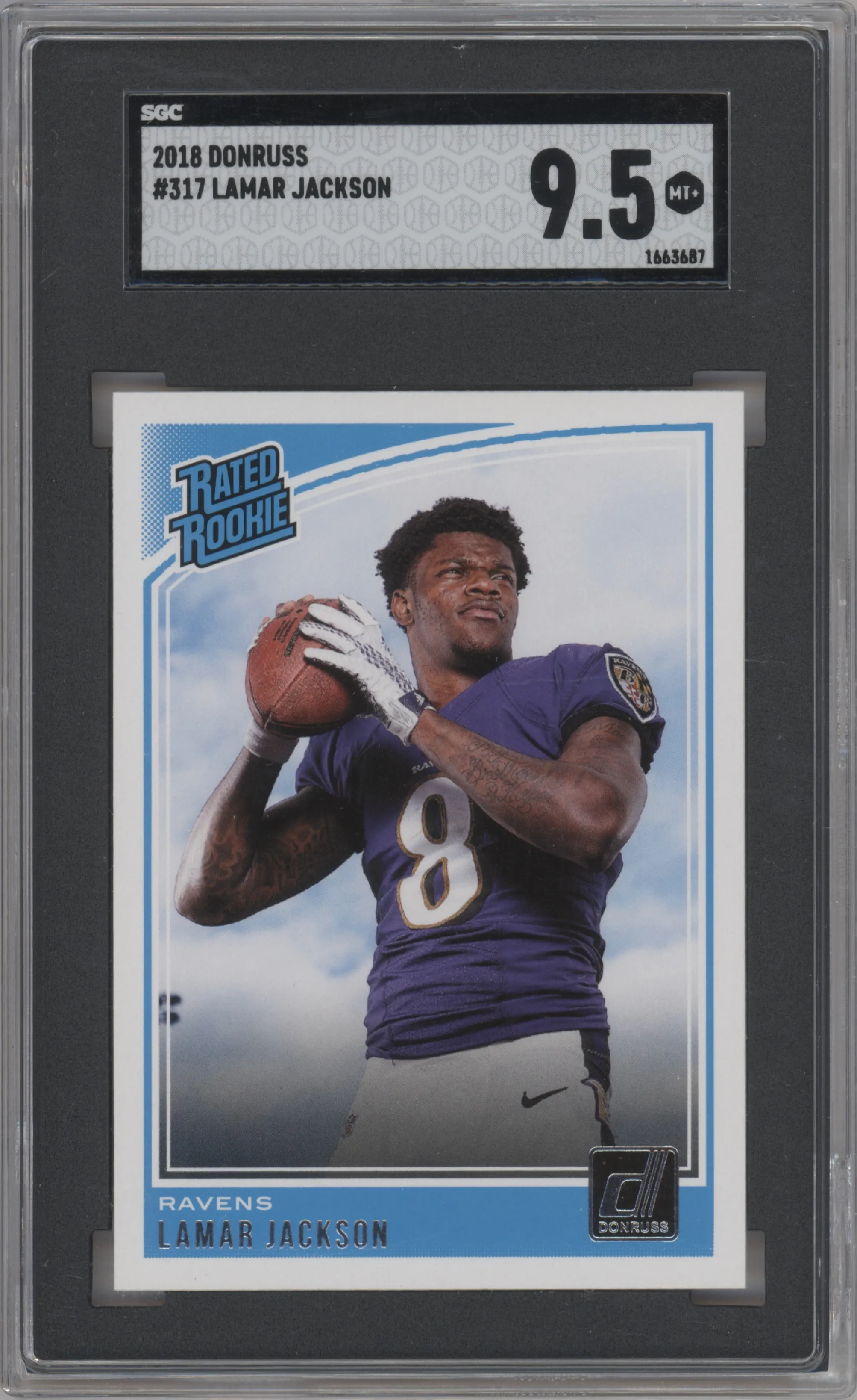 Lamar Jackson from the 2018 Panini Donruss set graded by SGC and given an overall grade of 9.5.