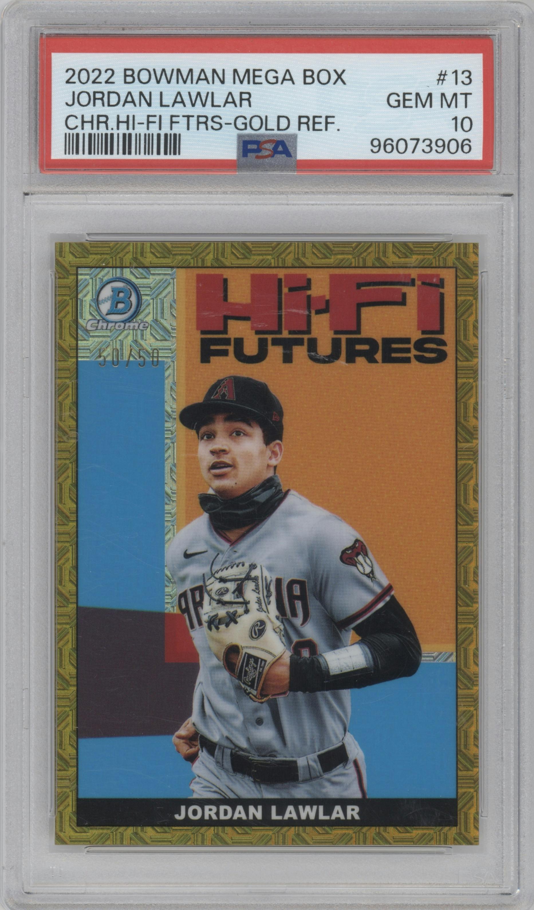 Jordan Lawlar from the 2022 Bowman Mega Box set featuring a Gold Refractor parallel graded by PSA and given an overall grade of 10.