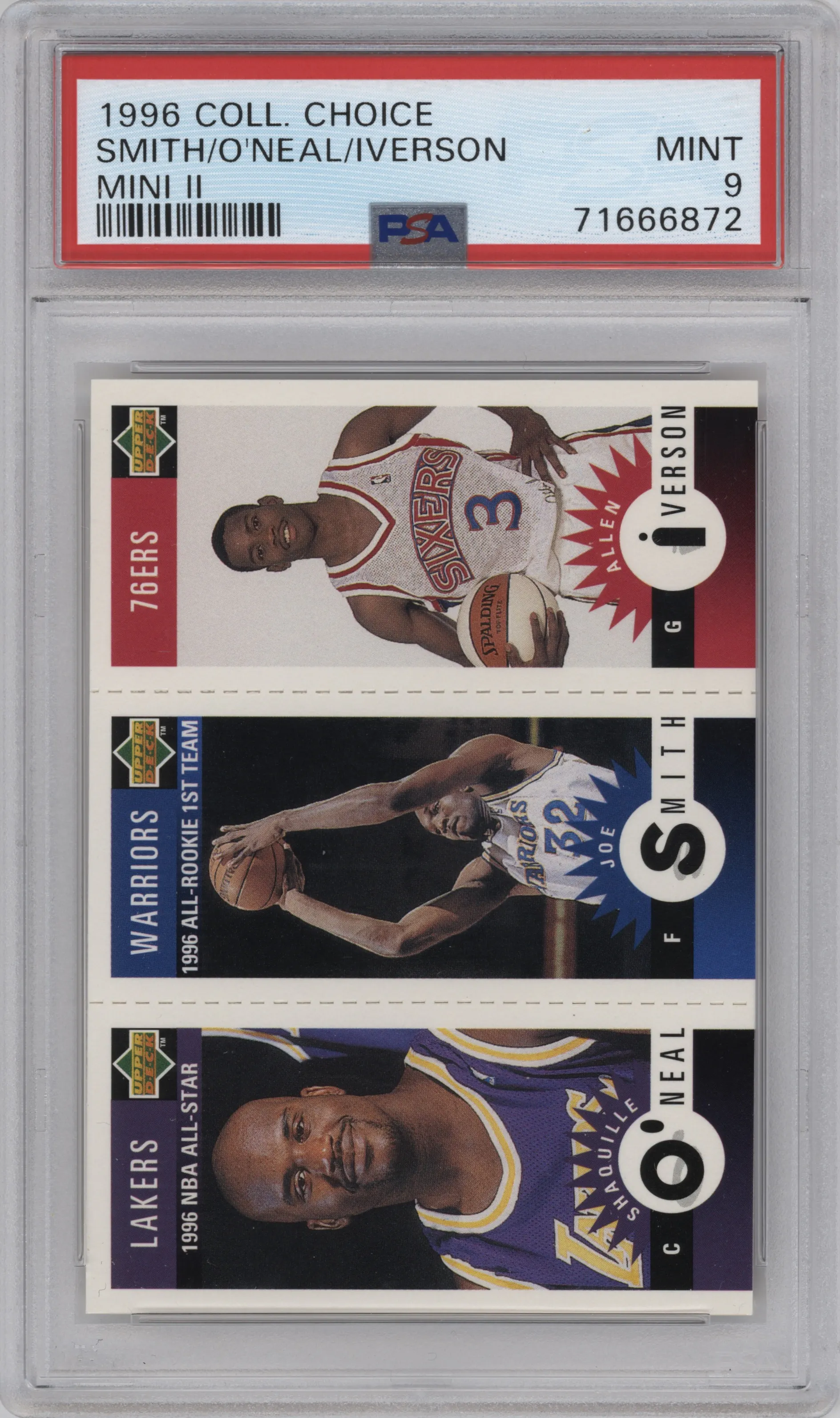 Shaquille O'Neal/Joe Smith/Allen Iverson from the 1996-97 Upper Deck Collector's Choice set graded by PSA and given an overall grade of 9.