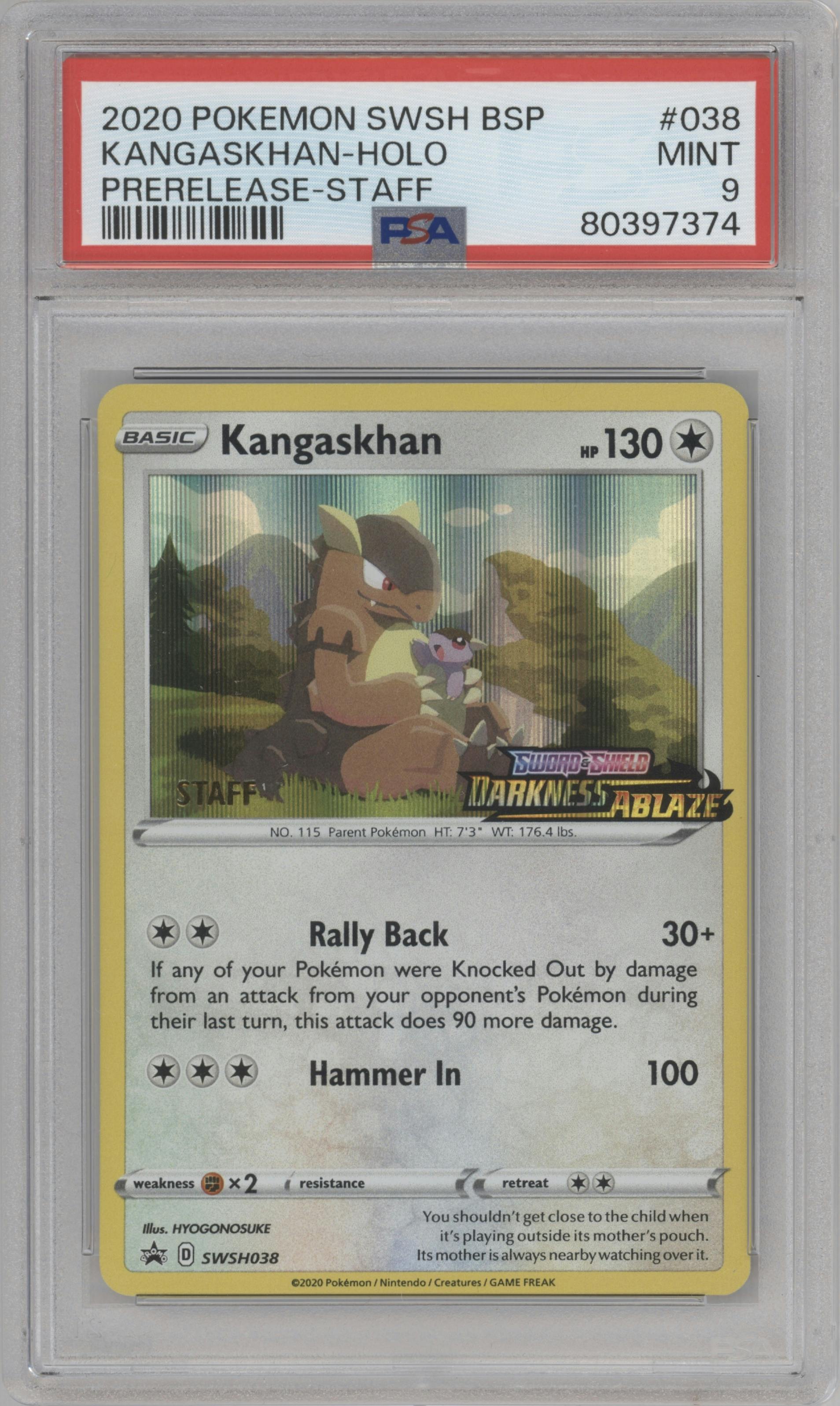Kangaskhan from the 2020 Pokemon SWSH set featuring a Darkness Ablaze Prerelease Staff parallel graded by PSA and given an overall grade of 9.