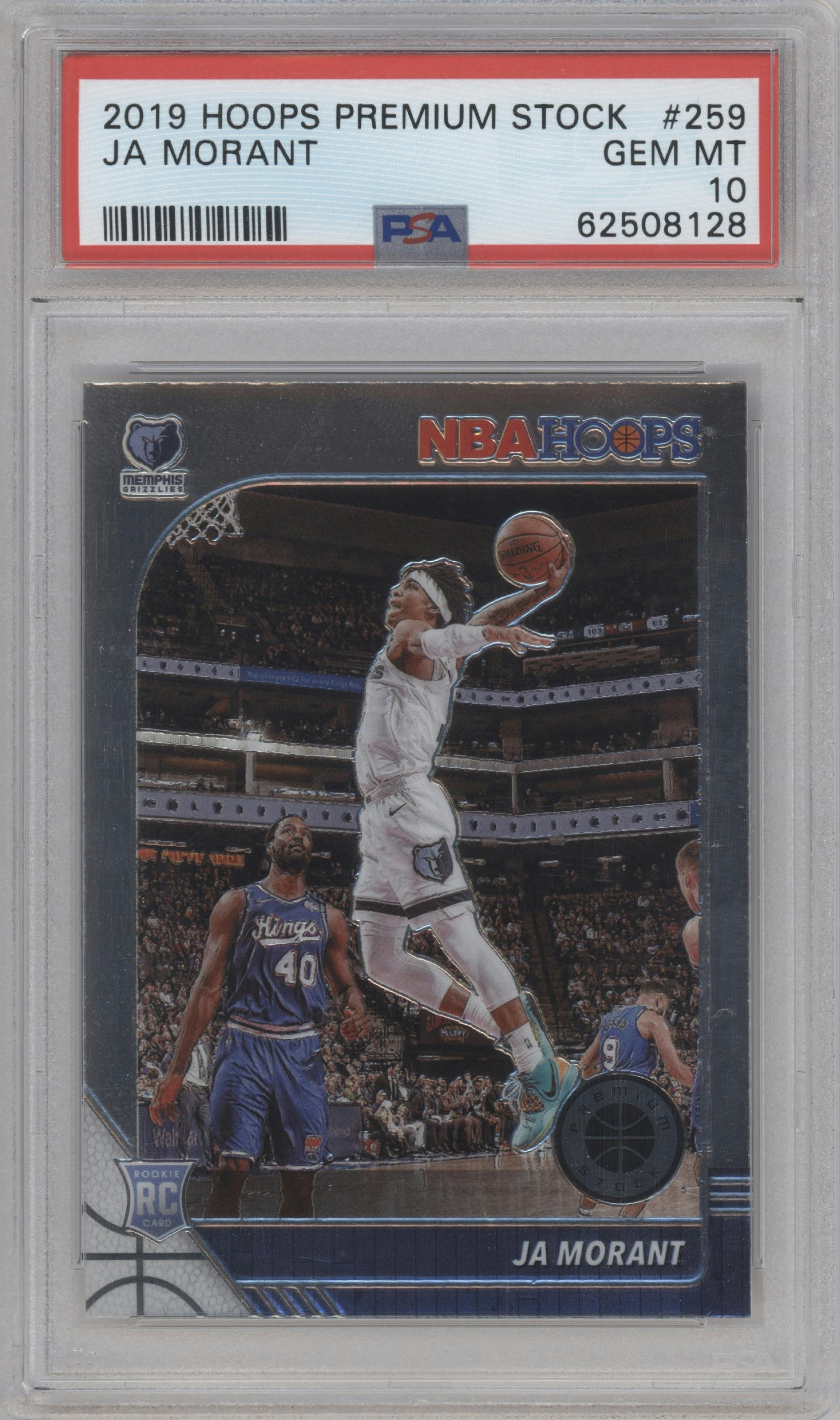 Ja Morant from the 2019-20 Panini Hoops Premium Stock set graded by PSA and given an overall grade of 10.
