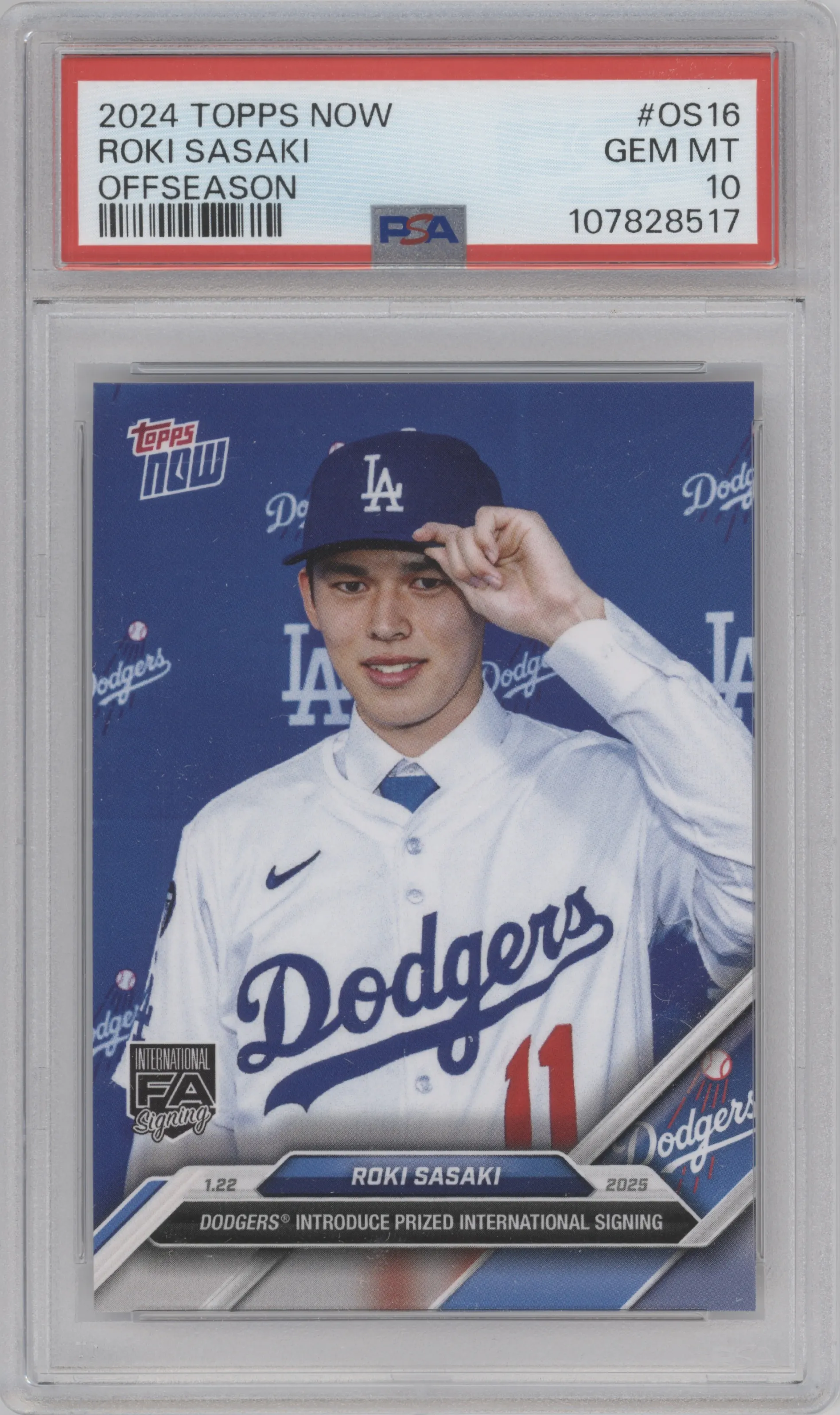 Roki Sasaki from the 2024-25 Topps Now Off-Season set graded by PSA and given an overall grade of 10.