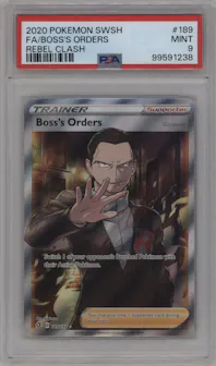 Boss's Orders from the 2020 Pokemon SWSH set graded by PSA and given an overall grade of 9.