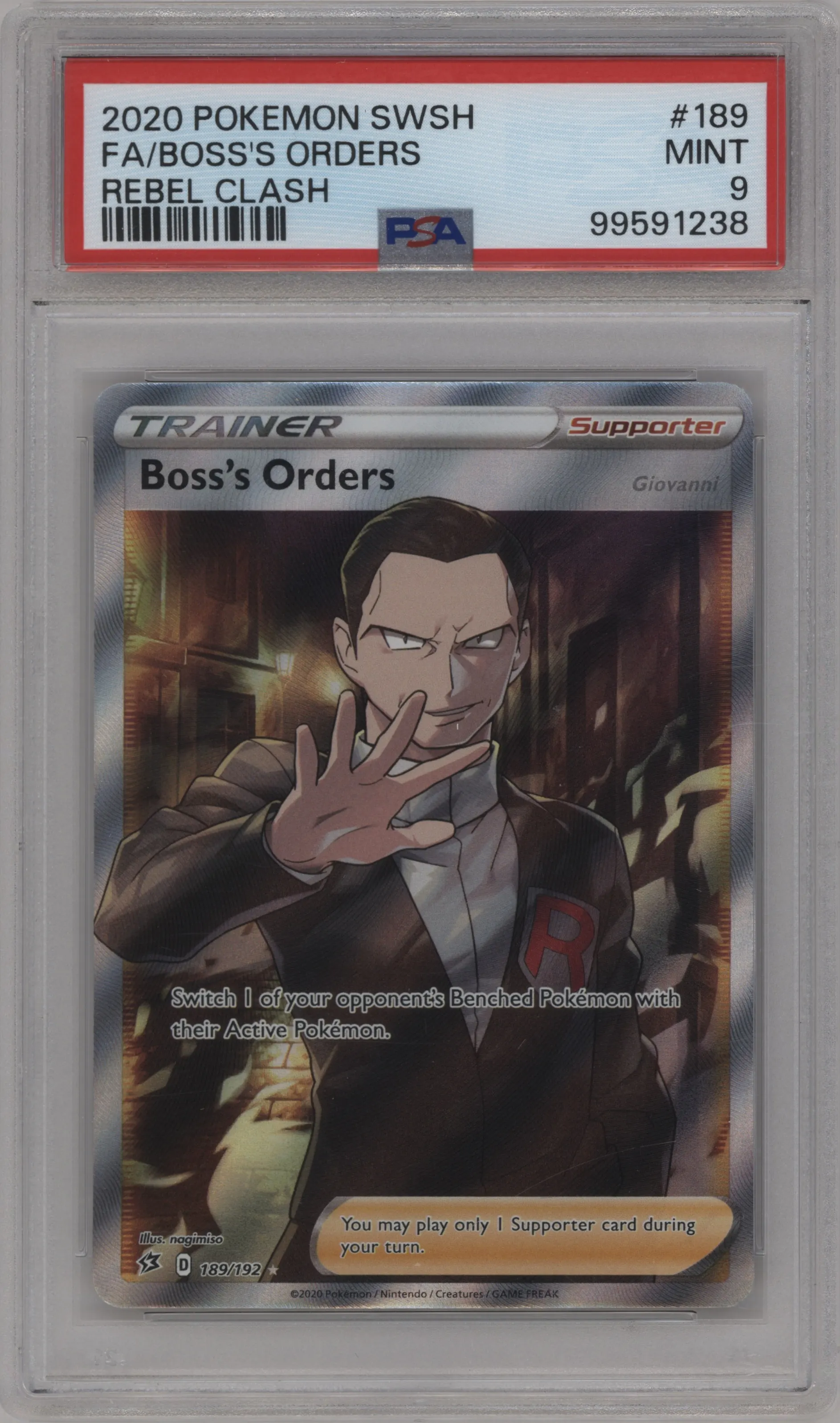 Boss's Orders from the 2020 Pokemon SWSH set graded by PSA and given an overall grade of 9.